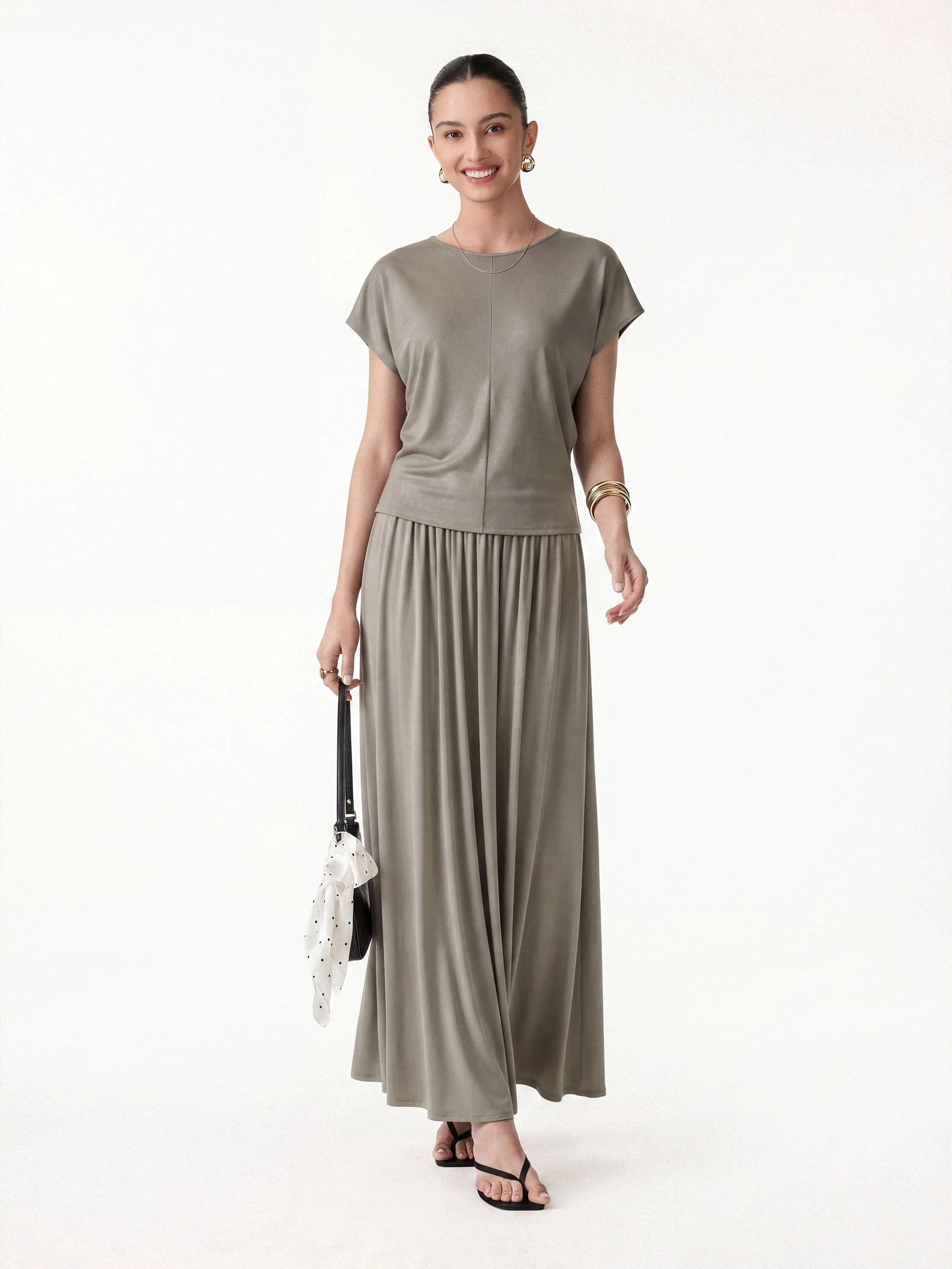 2Pcs Set Round Neck Top & A-Line Maxi Skirt with Pockets - Image 6