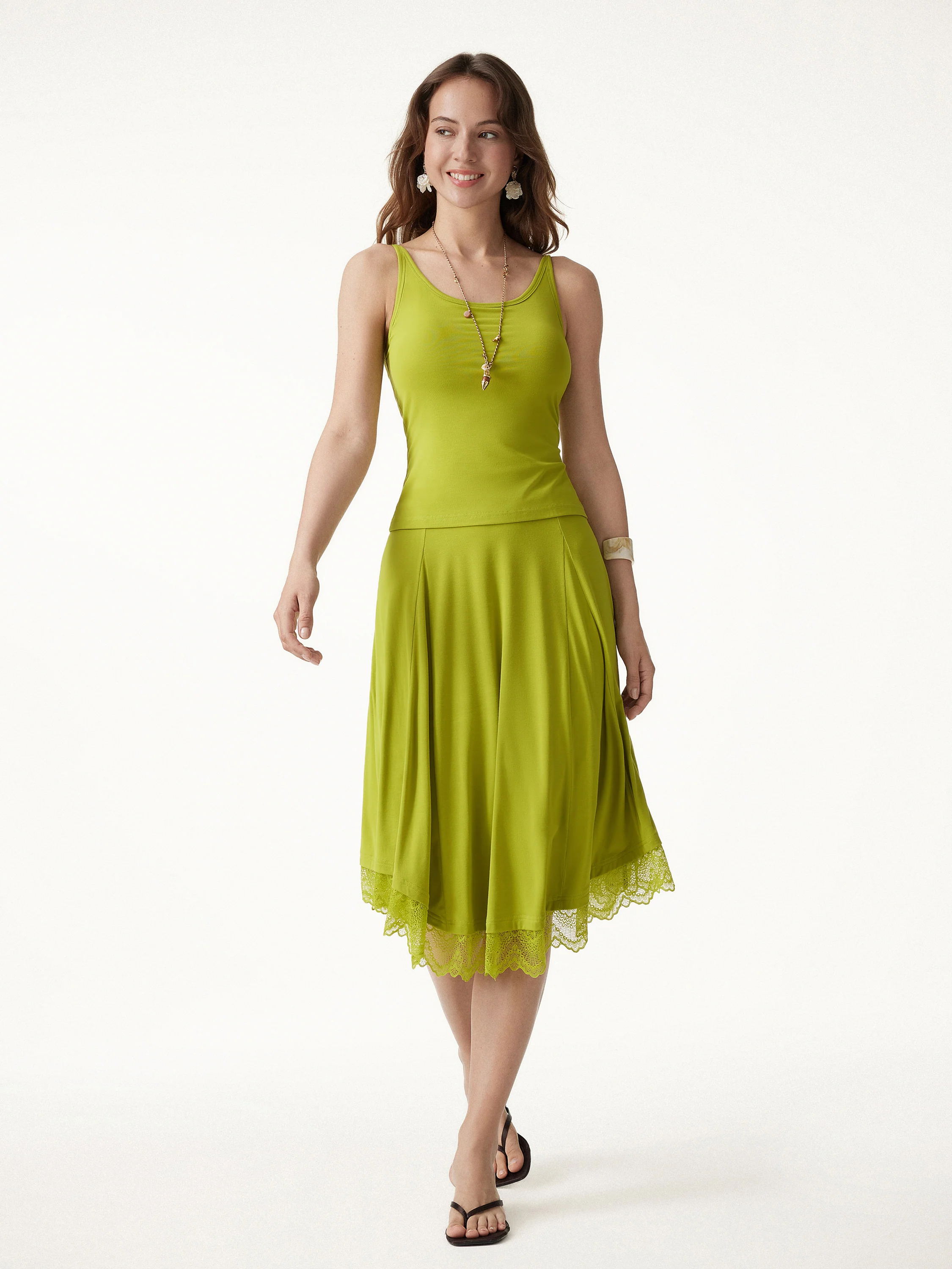 2Pcs Set Scoop Neck Bra Top & Lace Trim Midi Circle Flare Skirt - Image 3