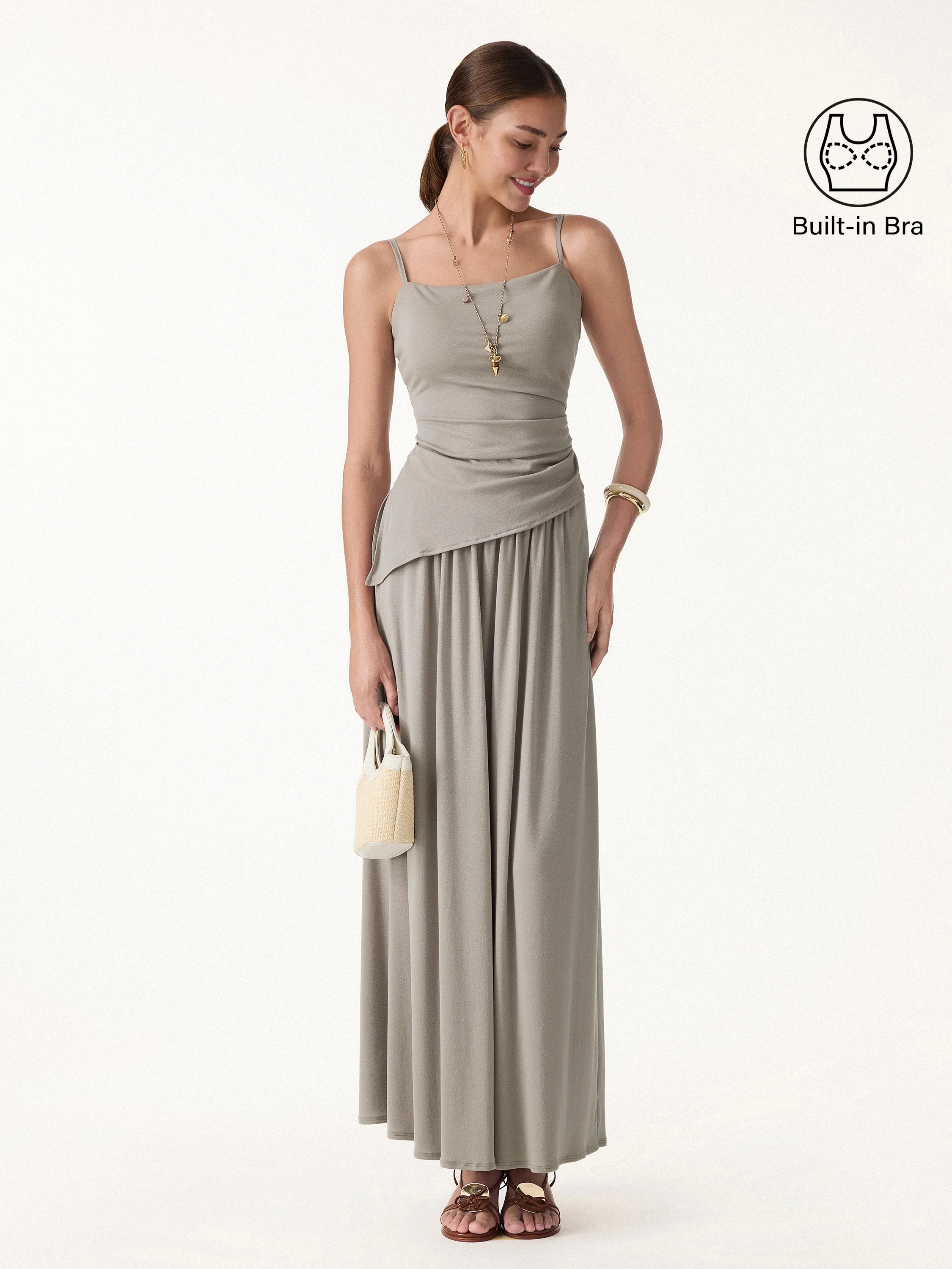 2Pcs Set Spaghetti Bra Top with Side Slit & A-Line Maxi Skirt with Pockets - Image 3