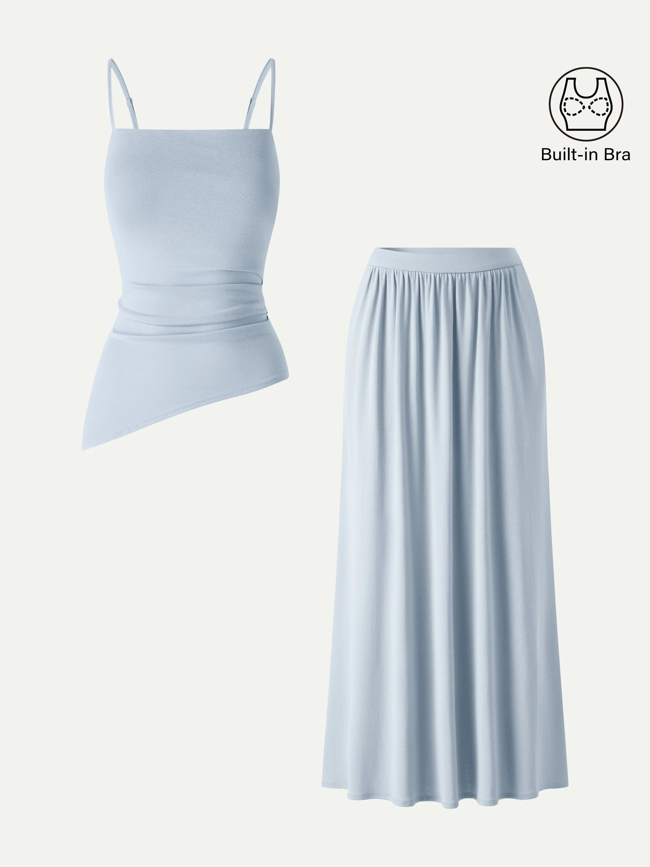 2Pcs Set Spaghetti Bra Top with Side Slit & A-Line Maxi Skirt with Pockets - Image 7
