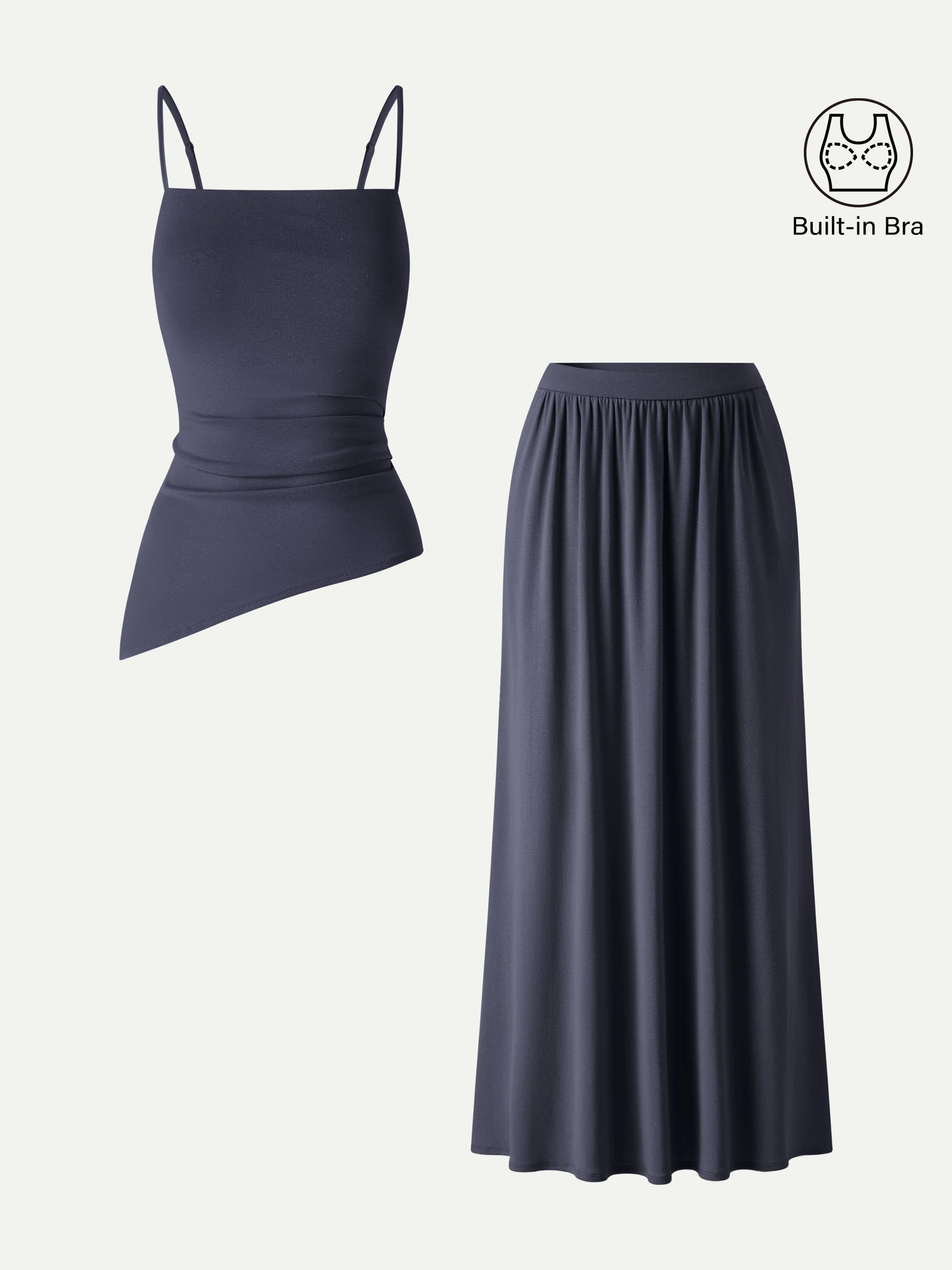 2Pcs Set Spaghetti Bra Top with Side Slit & A-Line Maxi Skirt with Pockets - Image 8