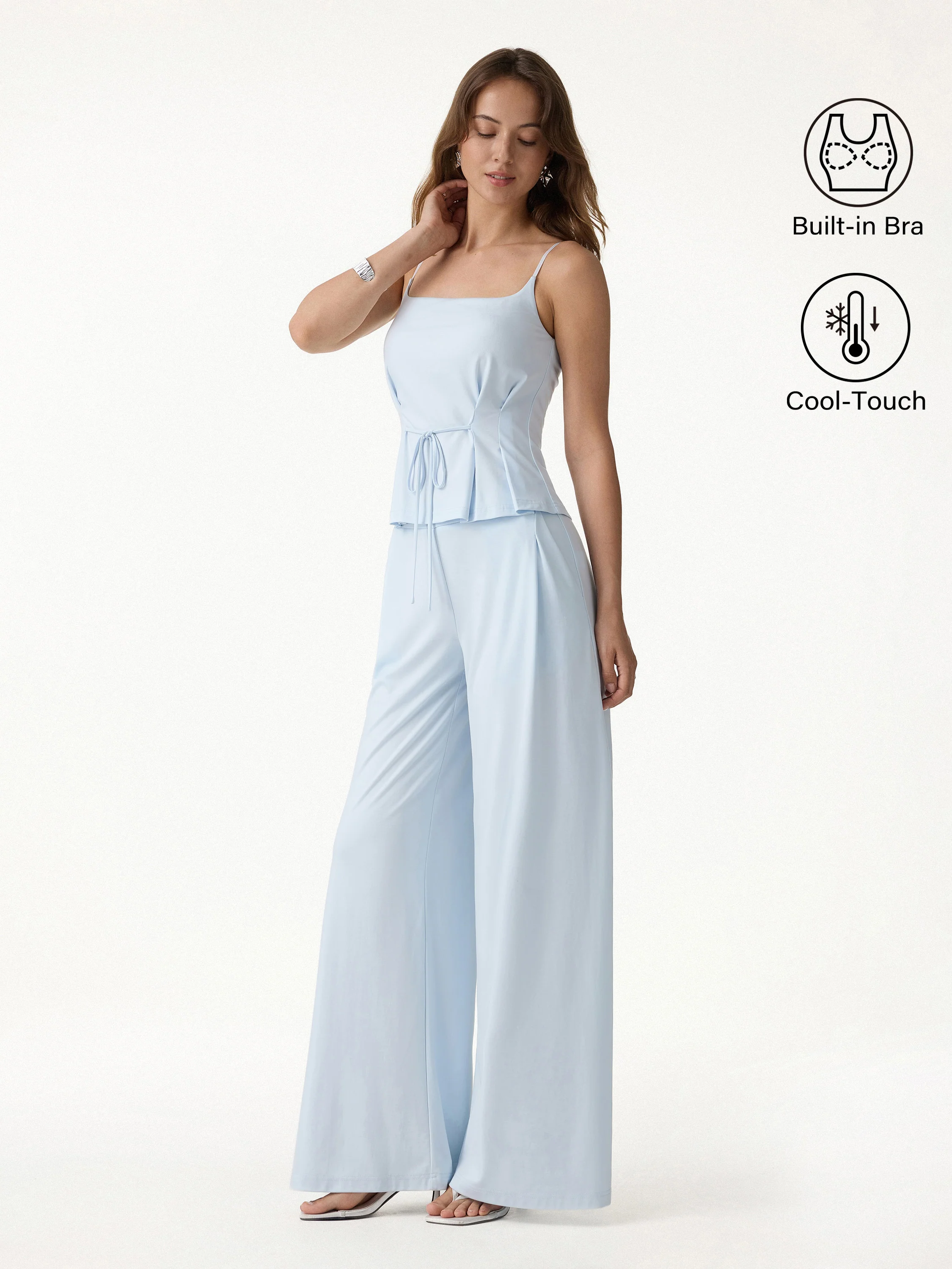 2Pcs Set Spaghetti Bra Top & Wide Leg Pants with Pockets - Image 3