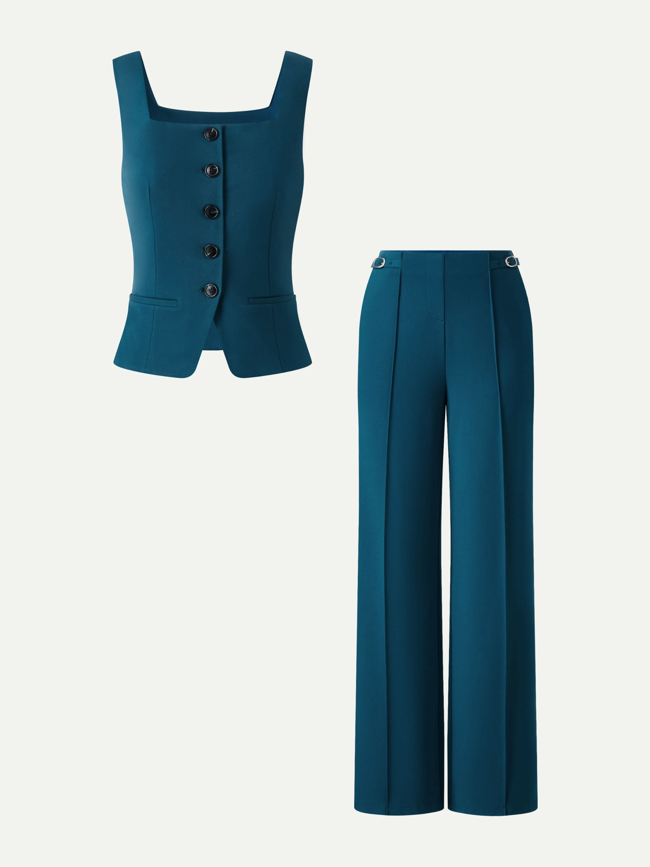 2Pcs Set Square Neck Waistcoat with Pockets & Wide Leg Ankled Pant - Image 2