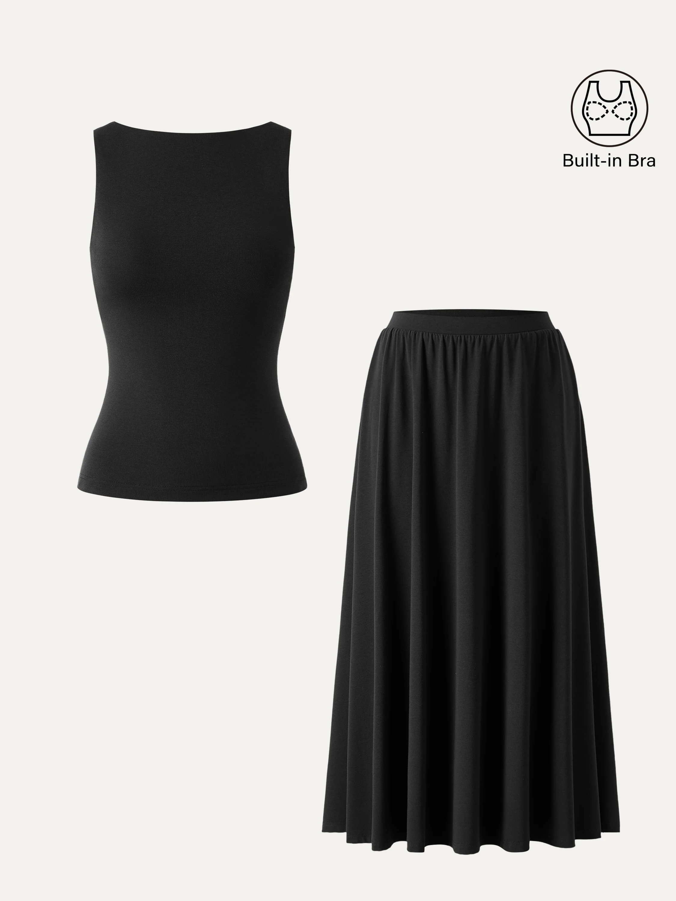 2Pcs Set Stretch Cotton Boatneck Bra Tank & Maxi Umbrella Skirt with Pockets - Image 12