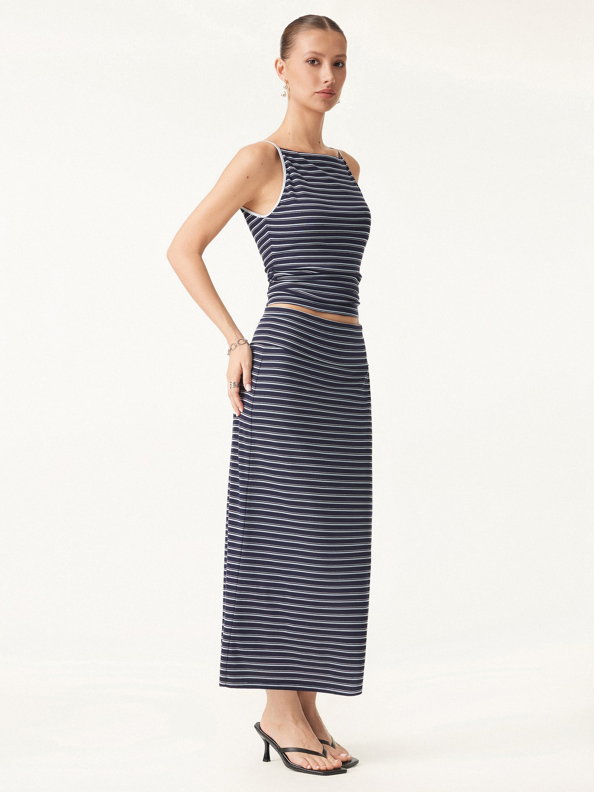 2Pcs Set Striped Spaghetti Bra Top & Low Rise Striped Midi Skirt - Image 4