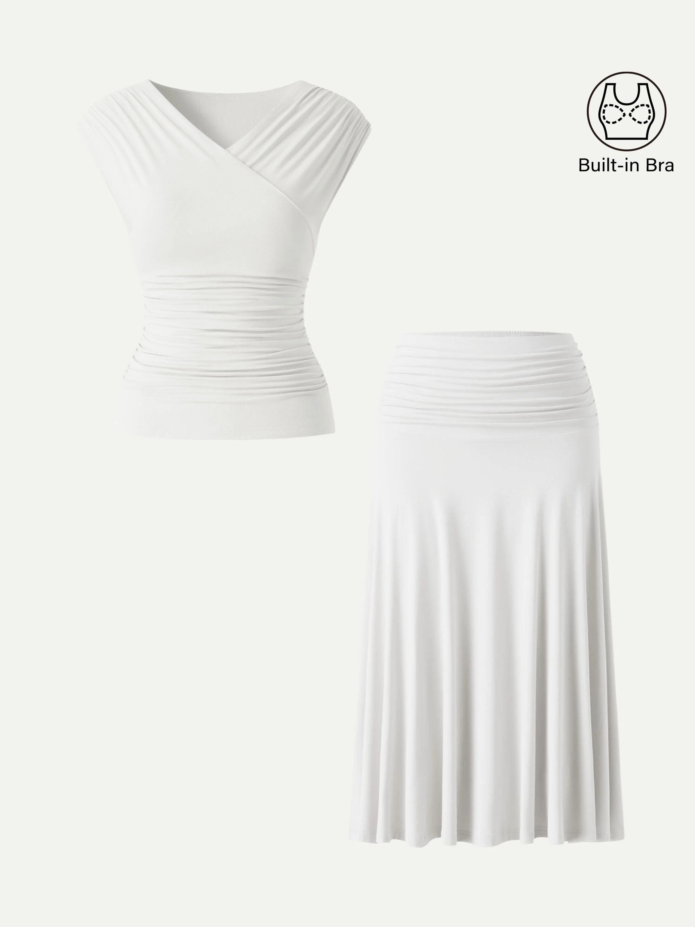2Pcs Set Surplice V-Neck Bra Top & Side Ruched A-line Midi Skirt - Image 10