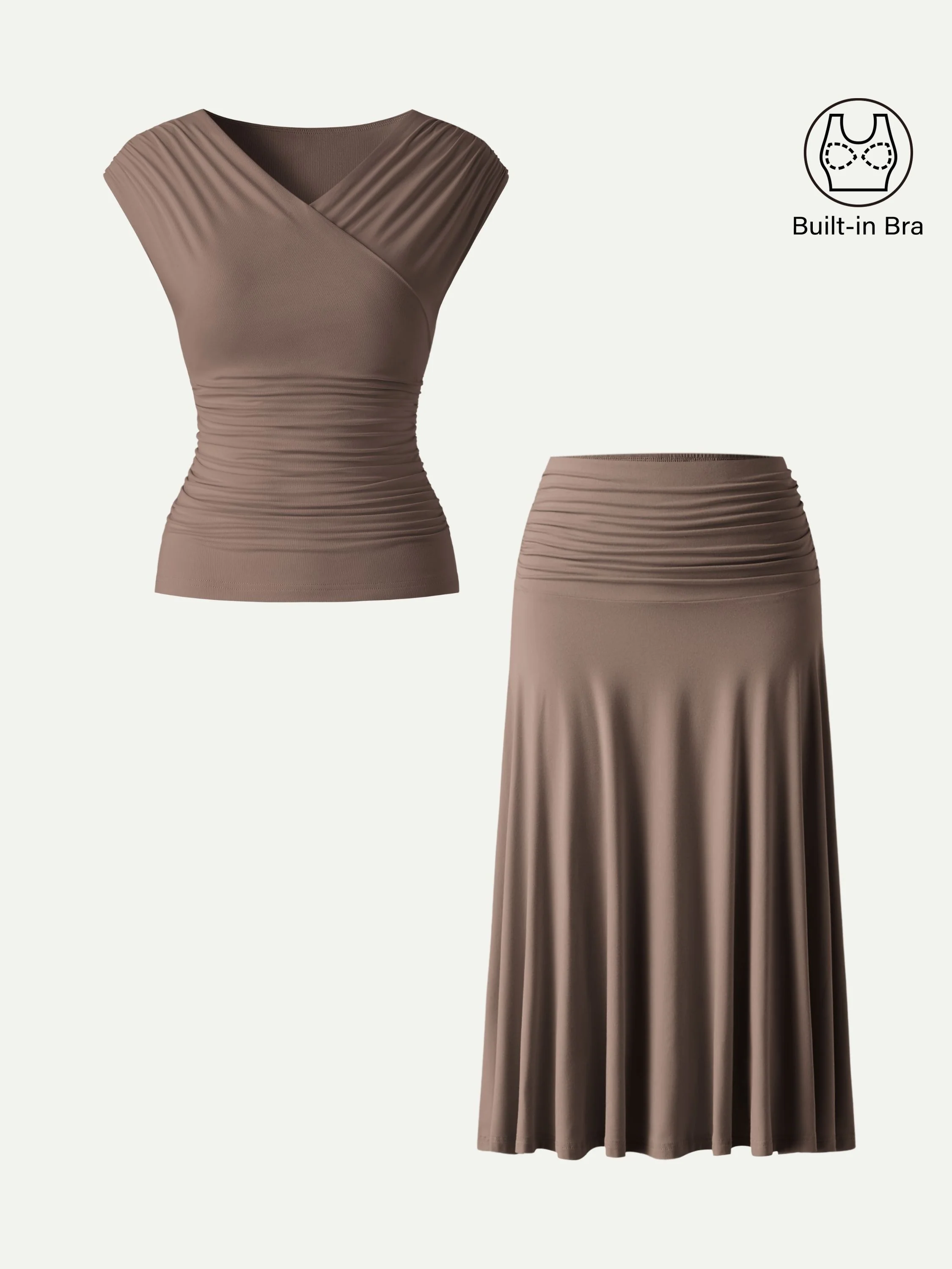 2Pcs Set Surplice V-Neck Bra Top & Side Ruched A-line Midi Skirt - Image 11