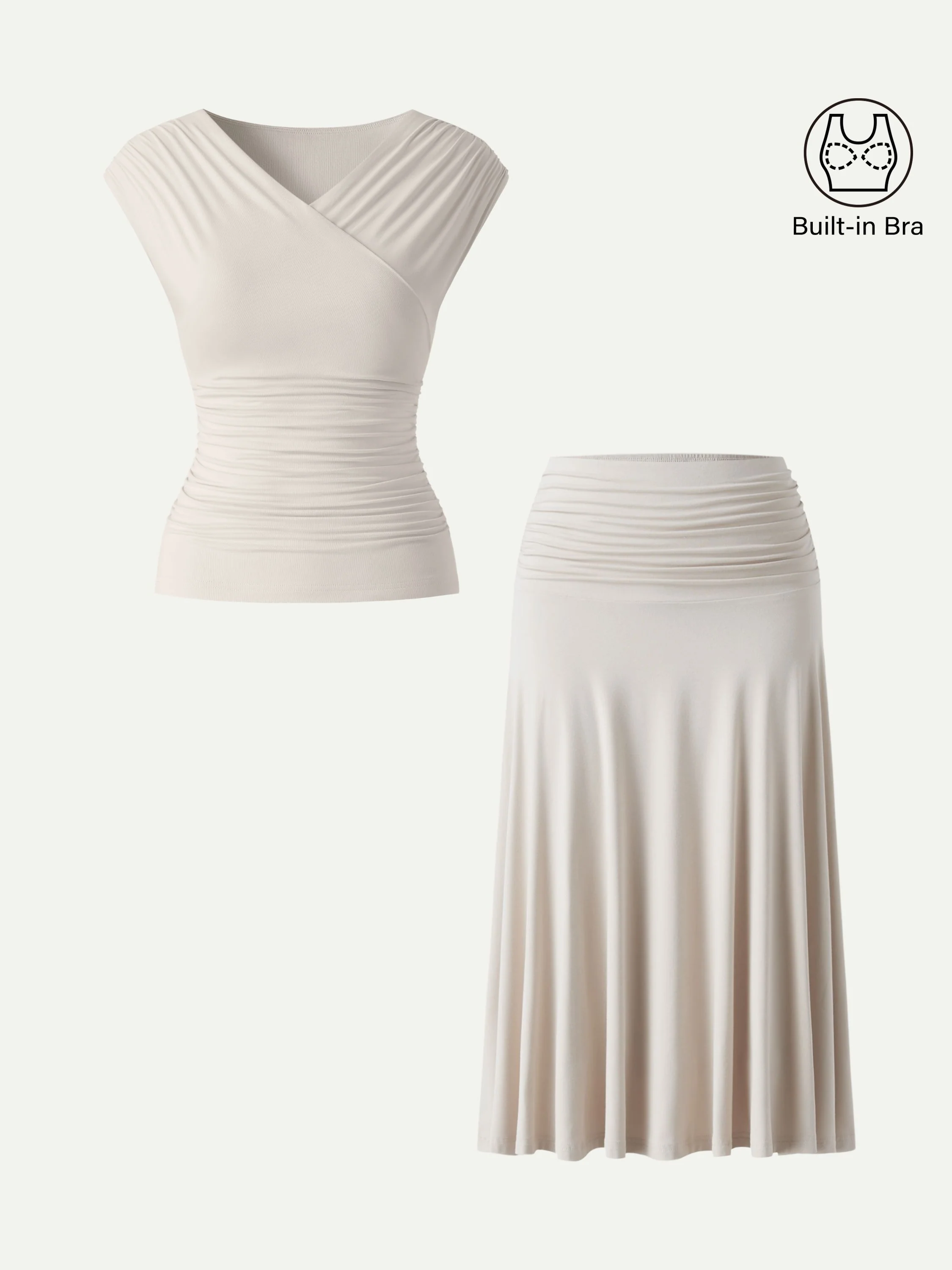 2Pcs Set Surplice V-Neck Bra Top & Side Ruched A-line Midi Skirt - Image 2