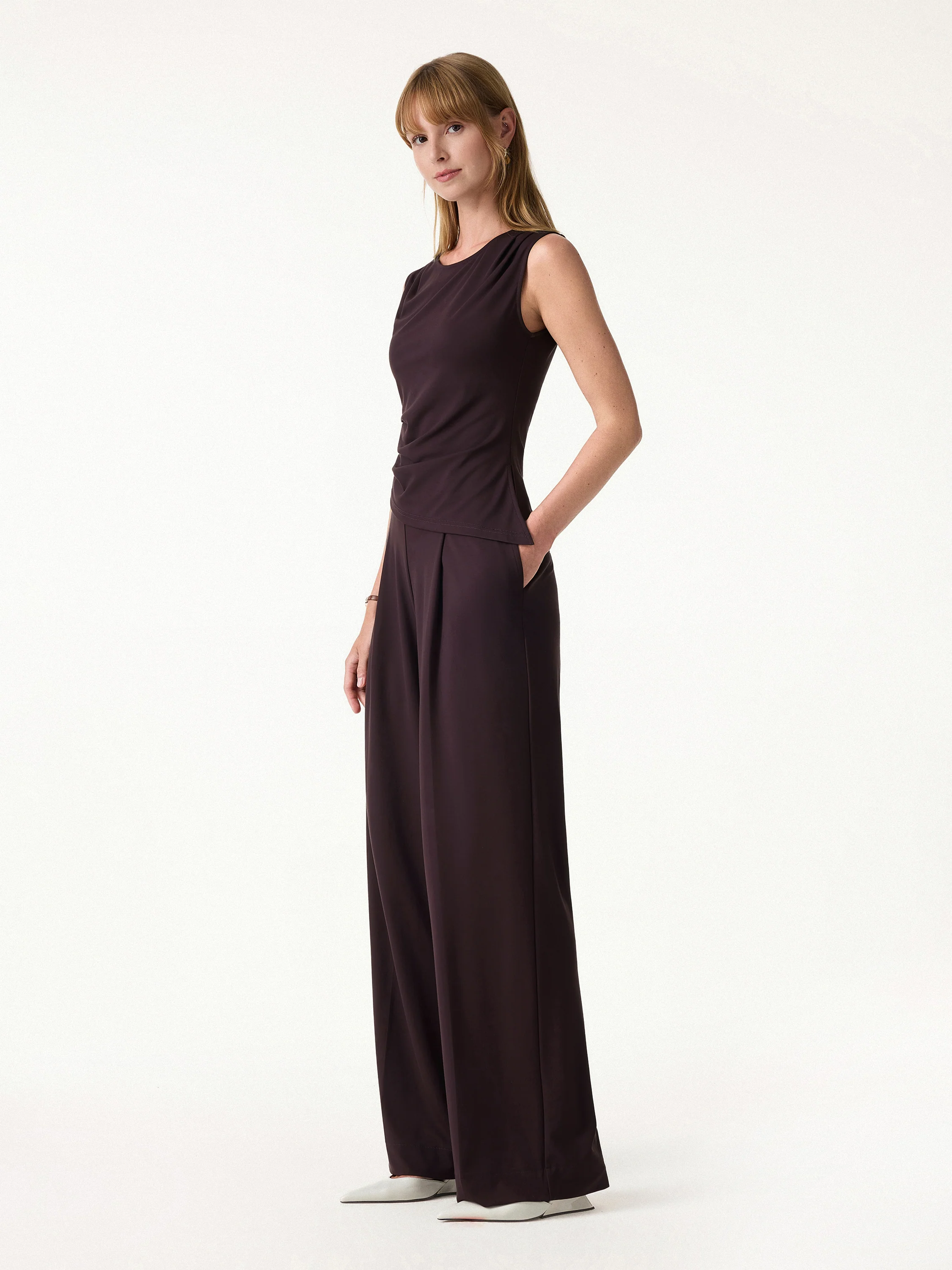 2Pcs Set Tucked Asymmetrical Hem Top & High Rise Wide Leg Pant - Image 3