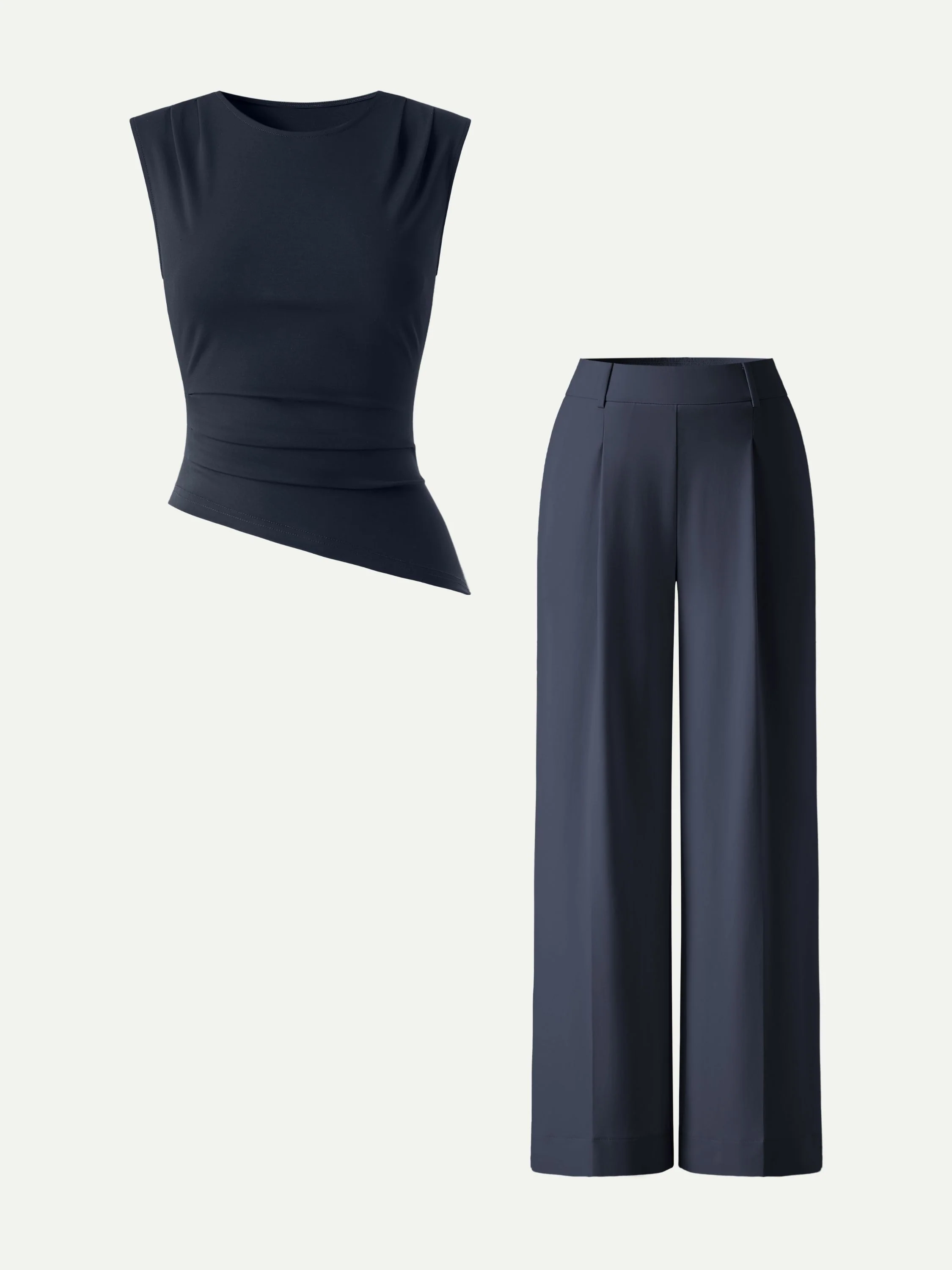 2Pcs Set Tucked Asymmetrical Hem Top & High Rise Wide Leg Pant - Image 8