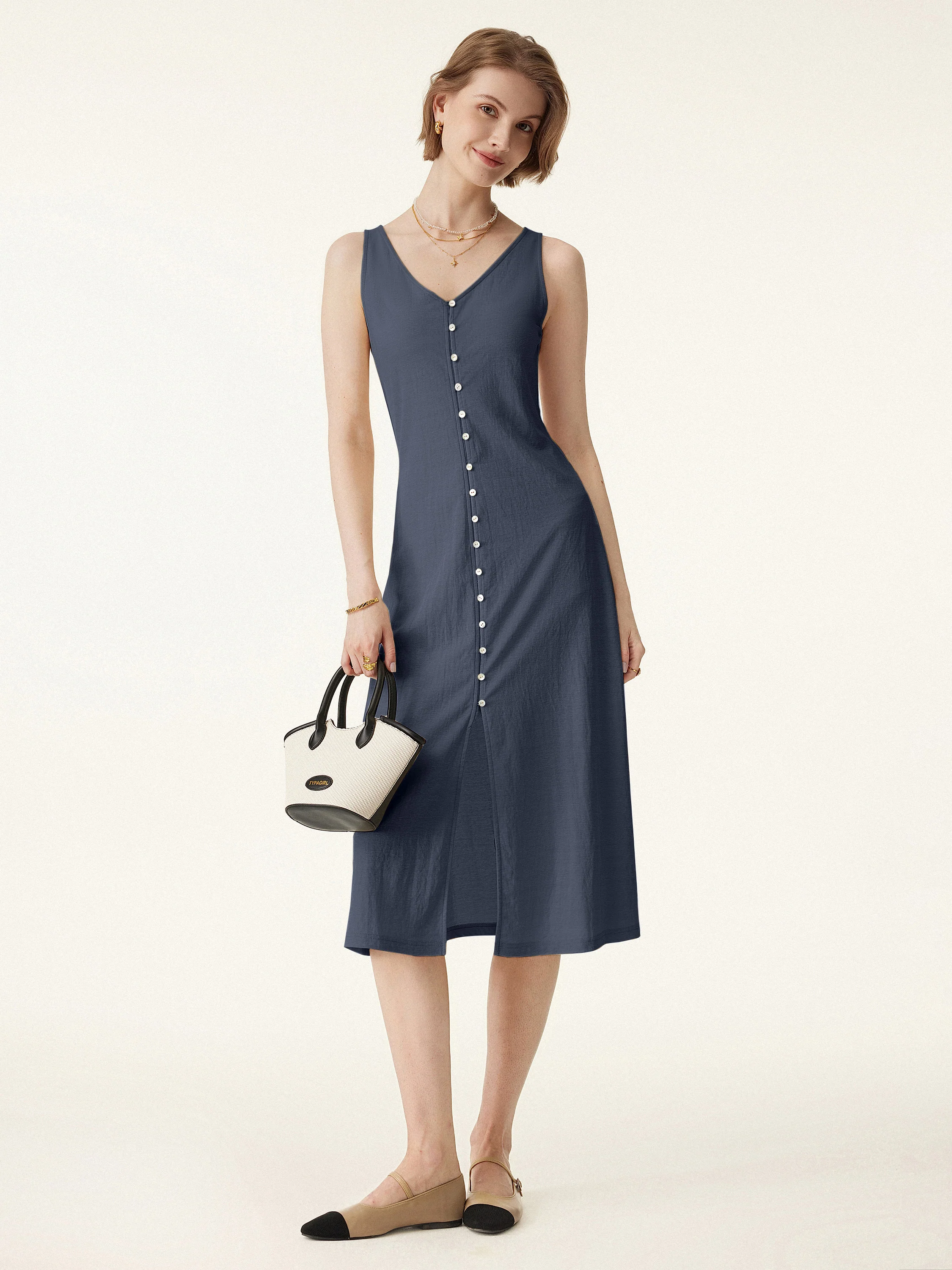 Multi-wear V-neck Button Front Midi Vest Dress - Image 8