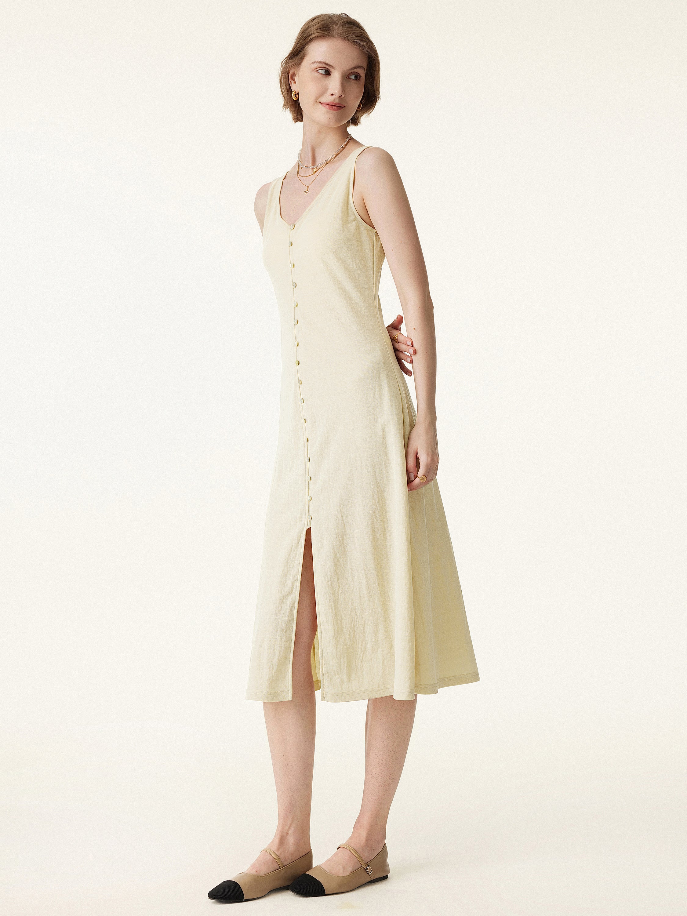 2Pcs Set V-neck Button Front Midi Vest Dress & Mid Rise Straight Leg Pant - Image 3