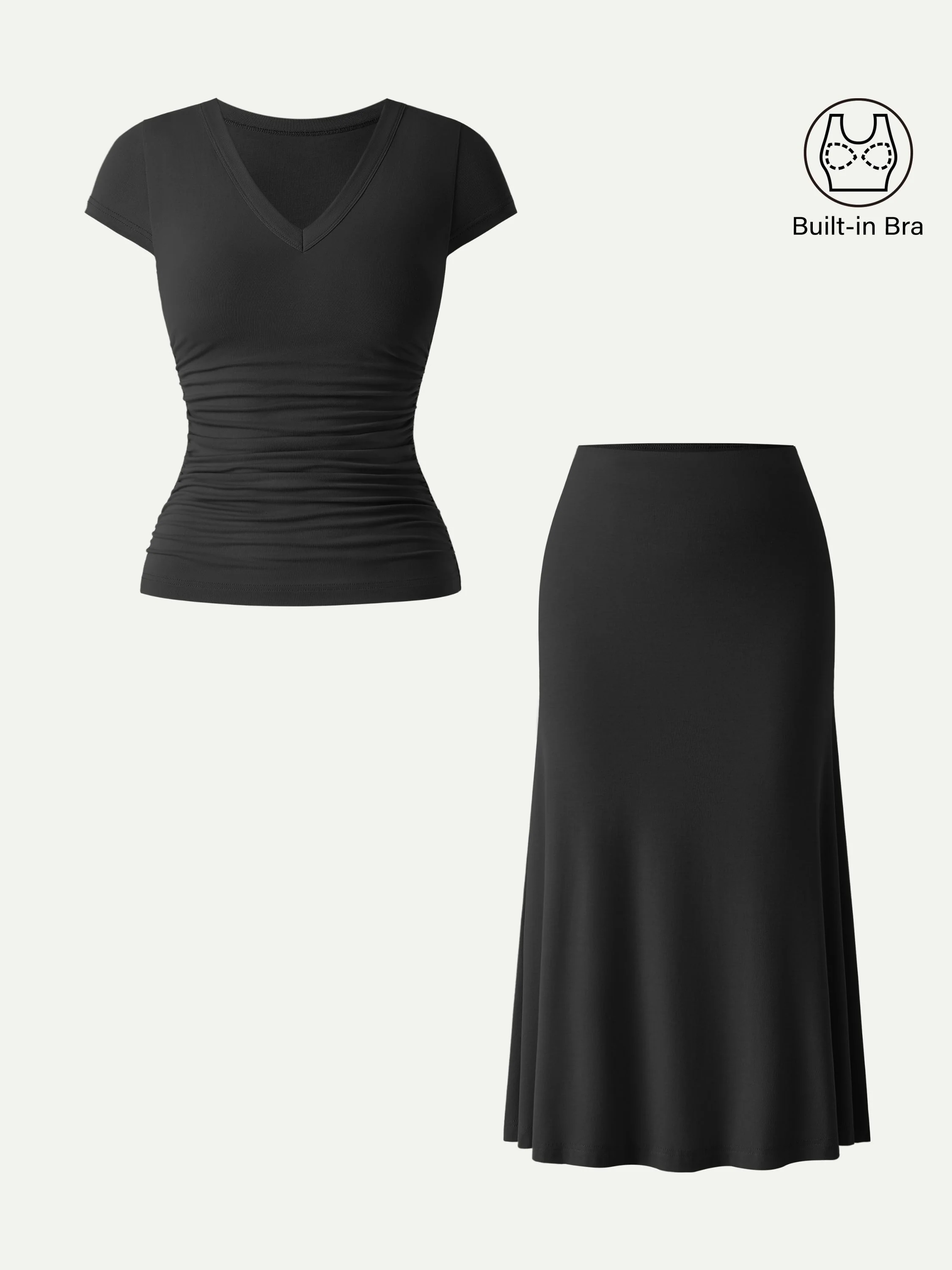 2Pcs Set V-neck Cap Sleeve Bra Tee & Pull-on Mermaid Midi Skirt - Image 6