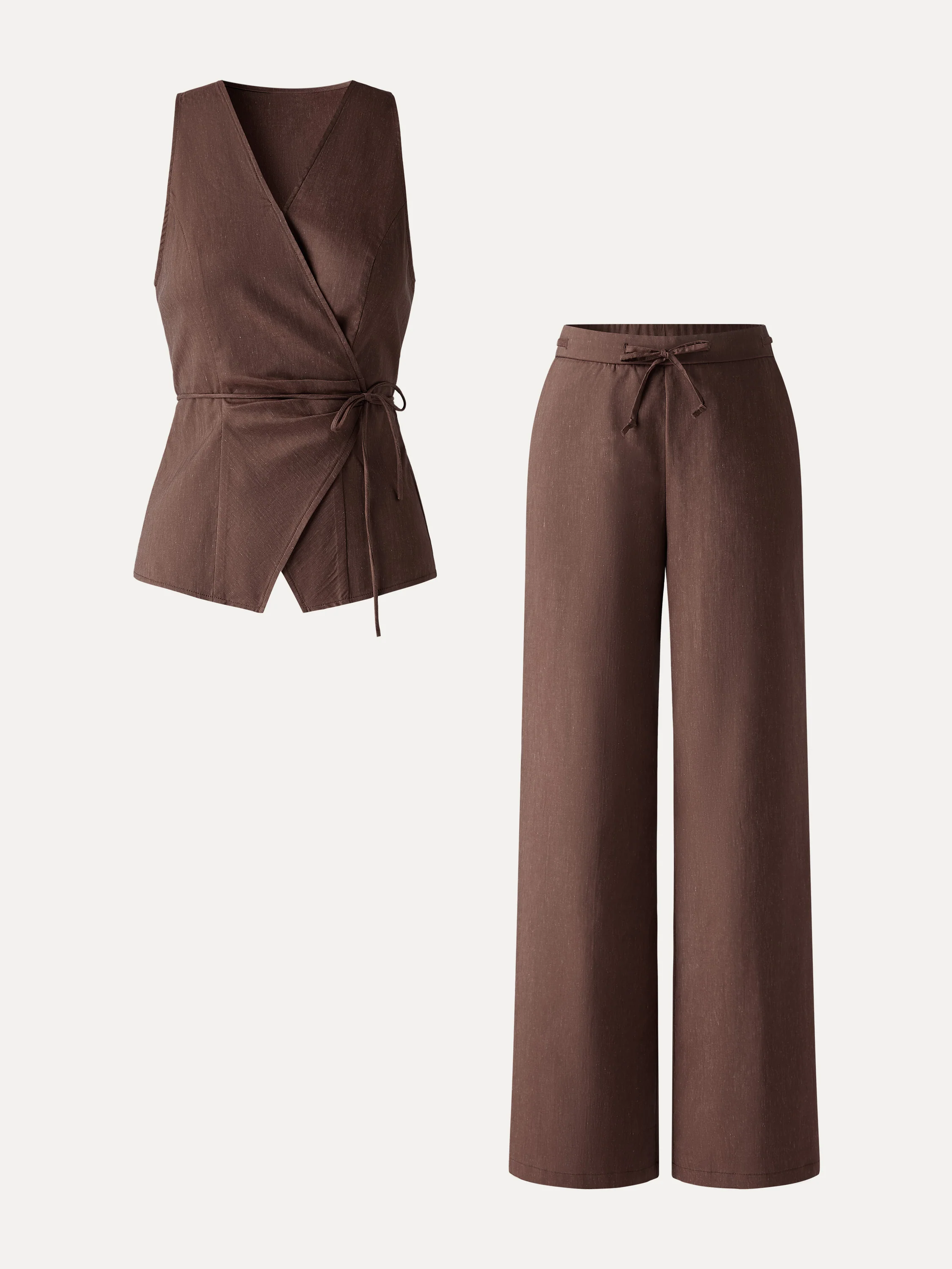 2Pcs Set Wrap Top with Self-Tie & Drawstring Wide Leg Pant with Pockets - Image 11