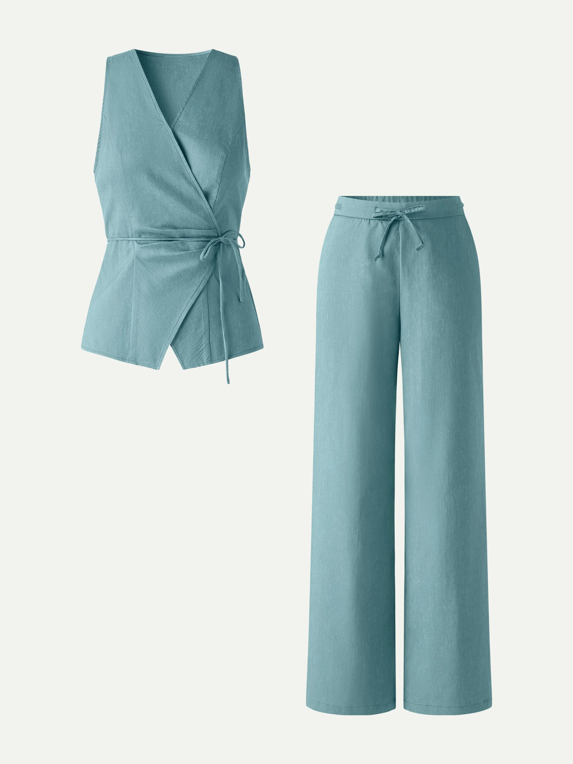 2Pcs Set Wrap Top with Self-Tie & Drawstring Wide Leg Pant with Pockets - Image 8
