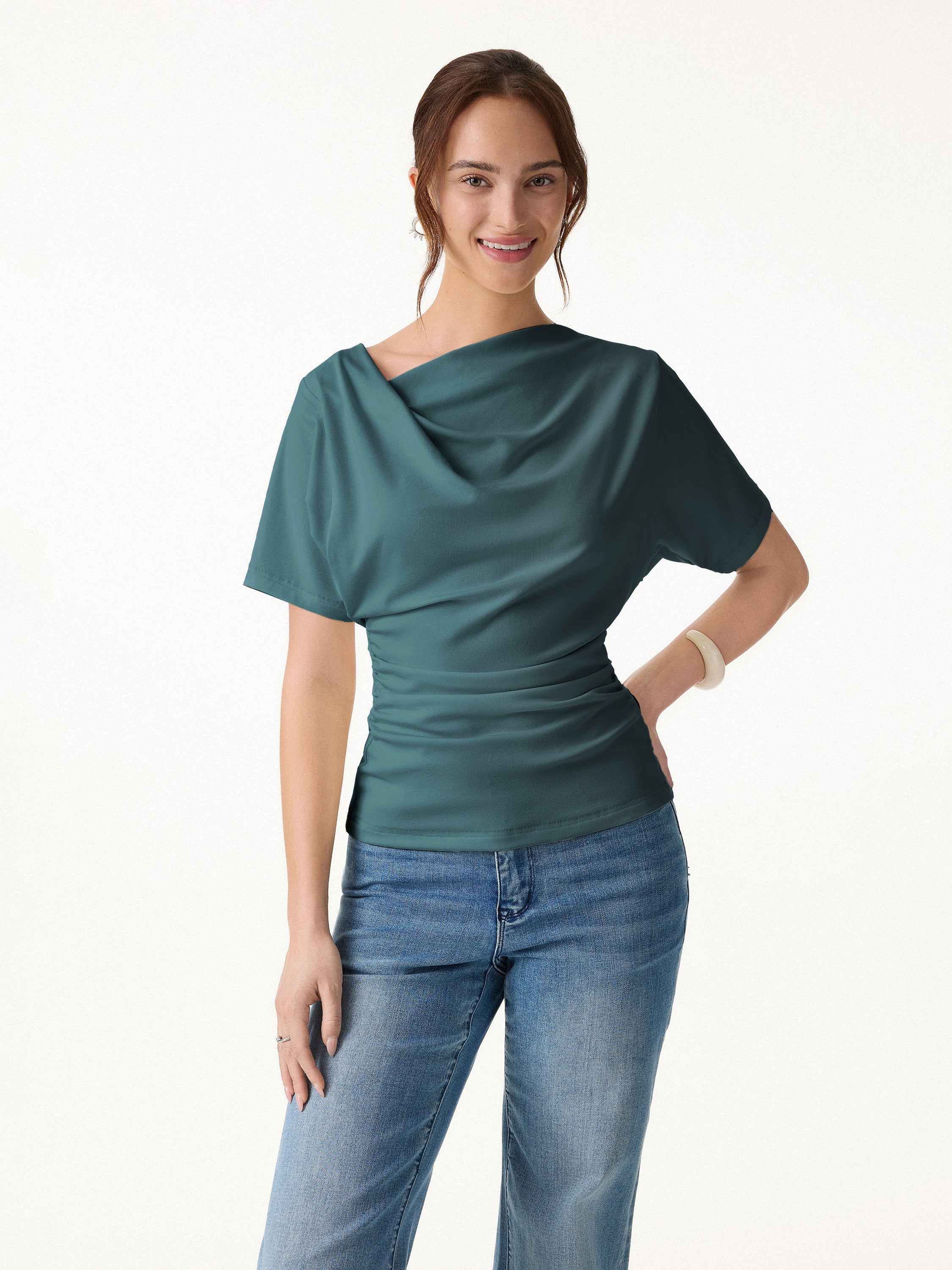 Asymmetrical Cowl Neck Ruched Top - Image 12