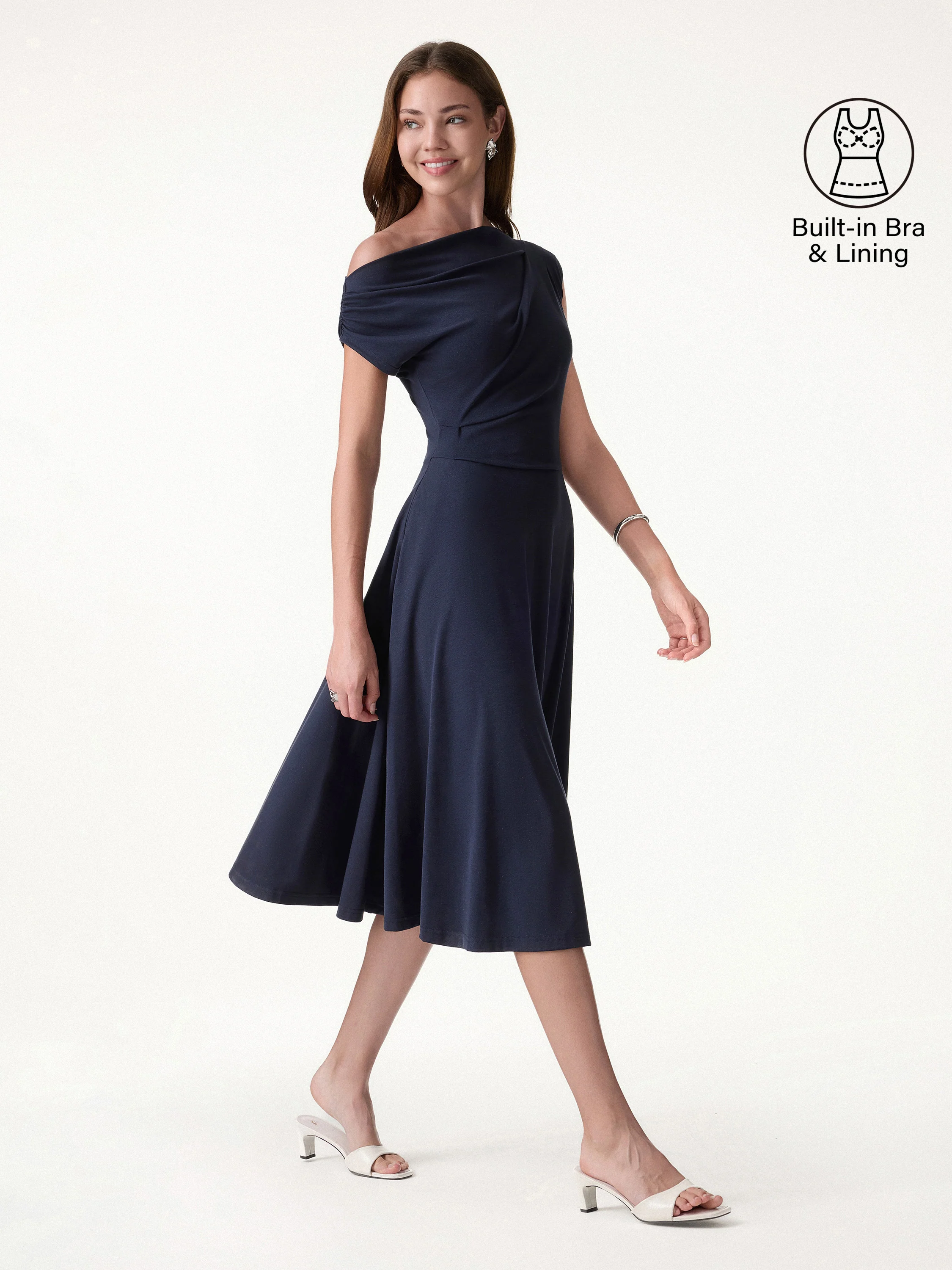 Asymmetrical Shoulder Tucked Midi Bra Dress with Pockets - Image 3