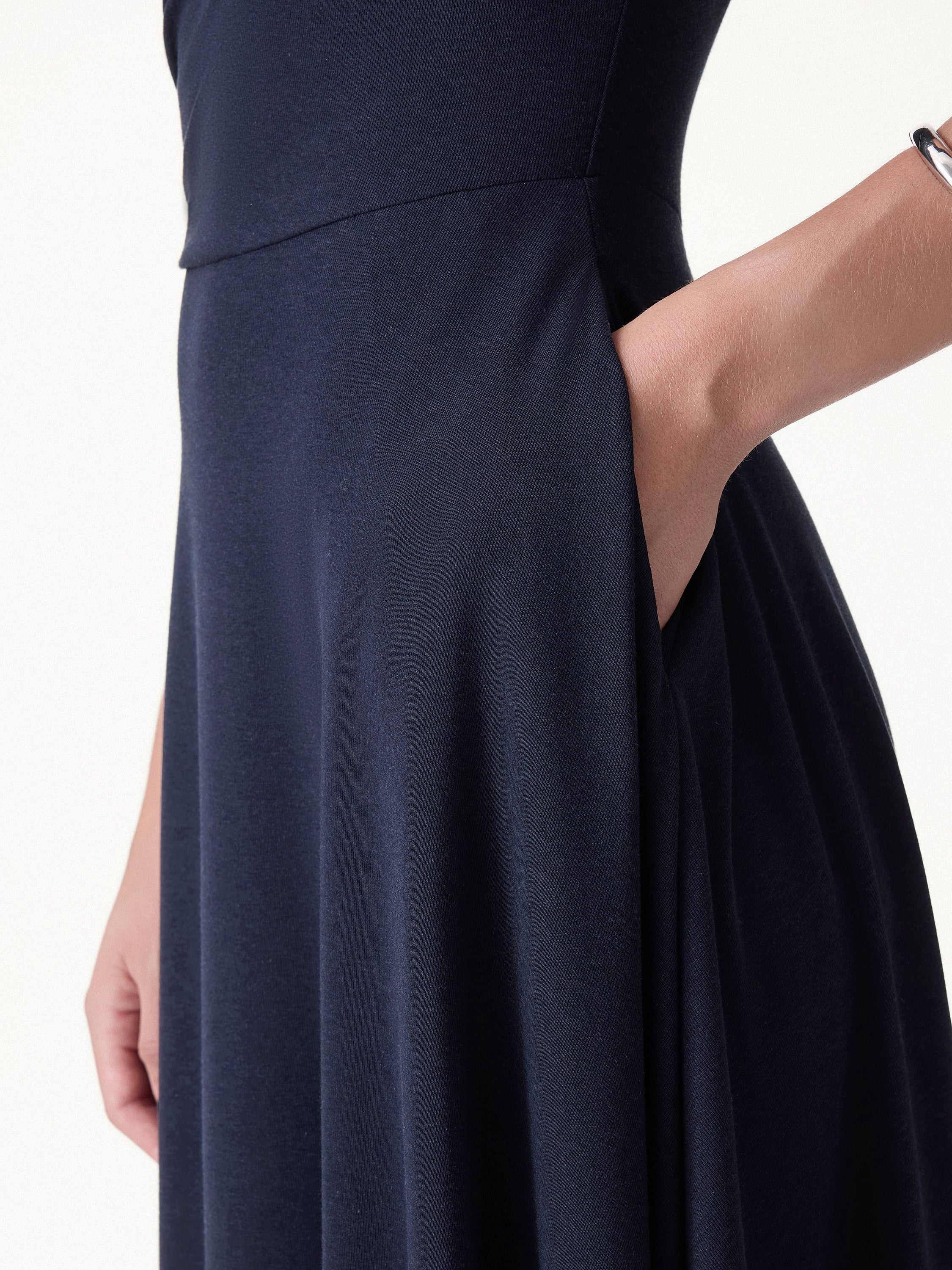 Asymmetrical Shoulder Tucked Midi Bra Dress with Pockets - Image 5