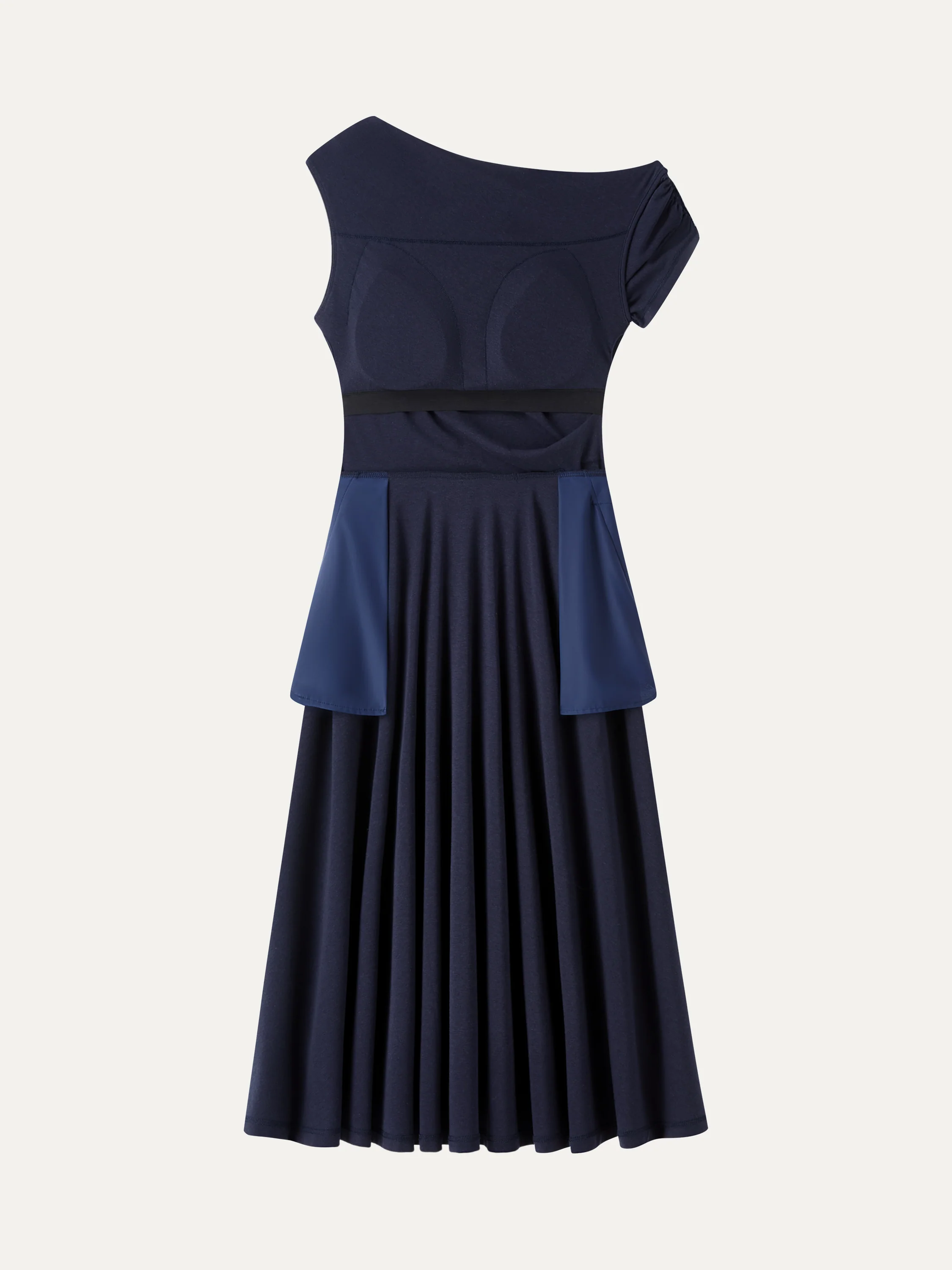 Asymmetrical Shoulder Tucked Midi Bra Dress with Pockets - Image 6