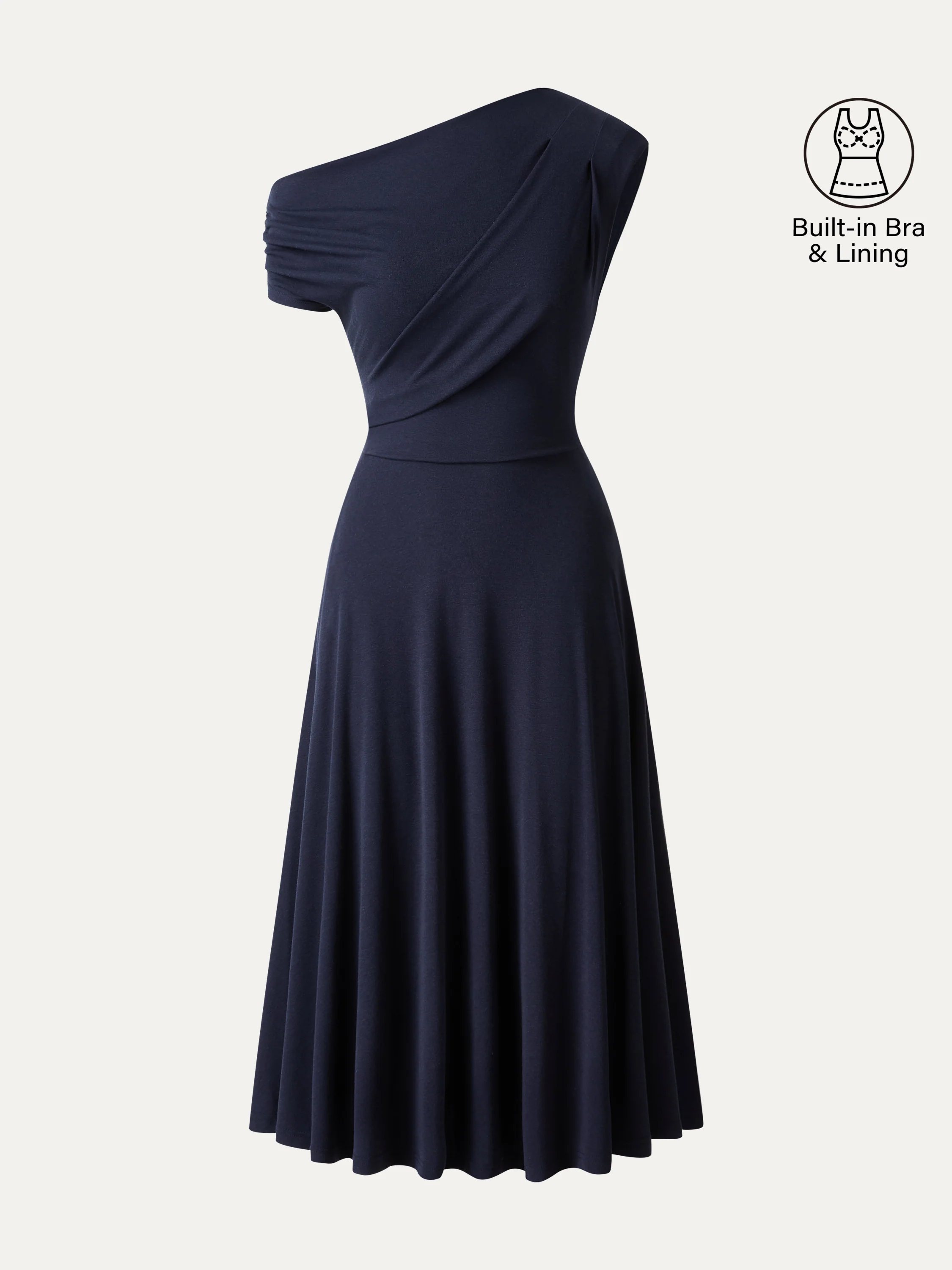 Asymmetrical Shoulder Tucked Midi Bra Dress with Pockets - Image 7
