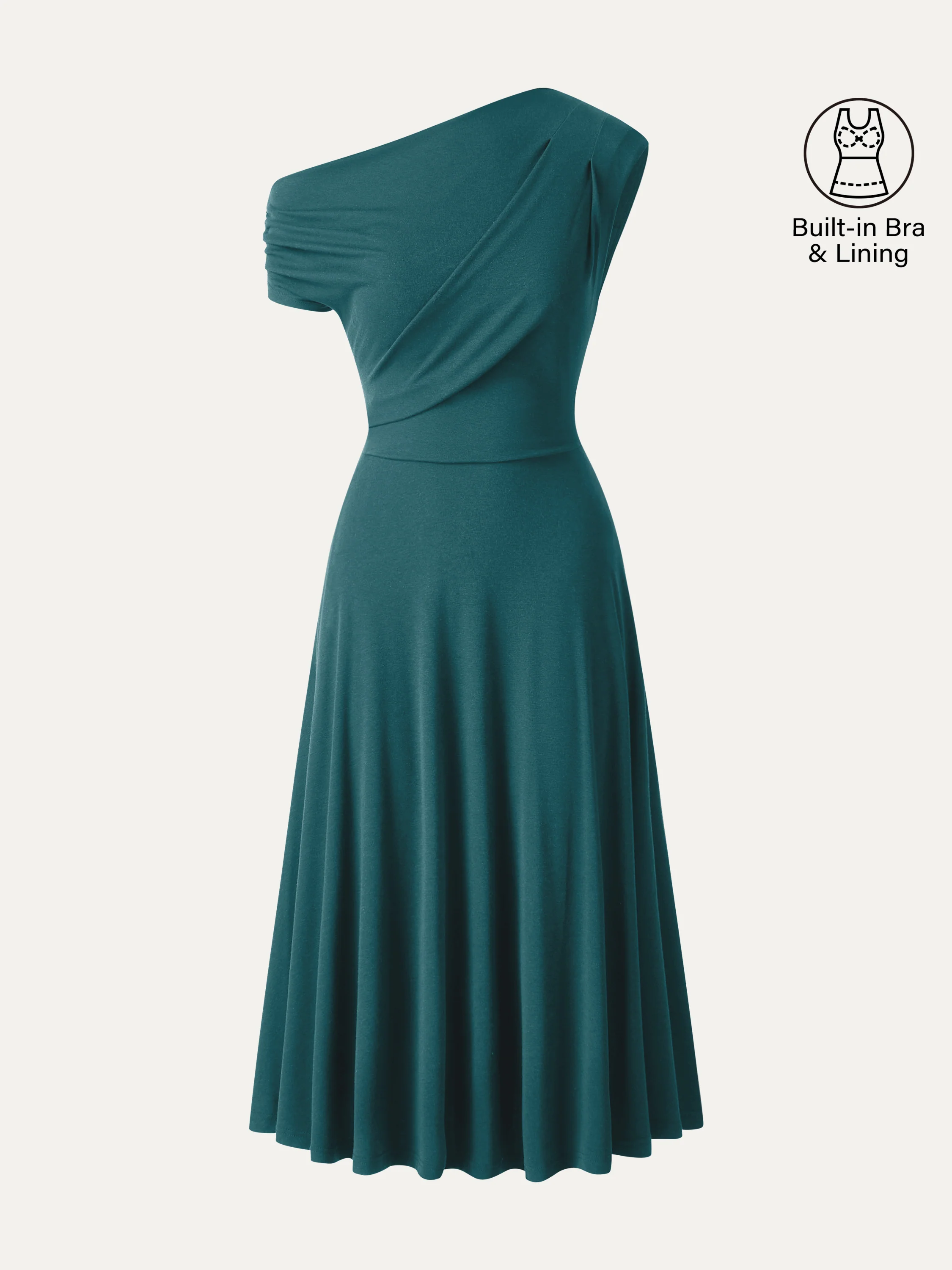 Asymmetrical Shoulder Tucked Midi Bra Dress with Pockets - Image 8