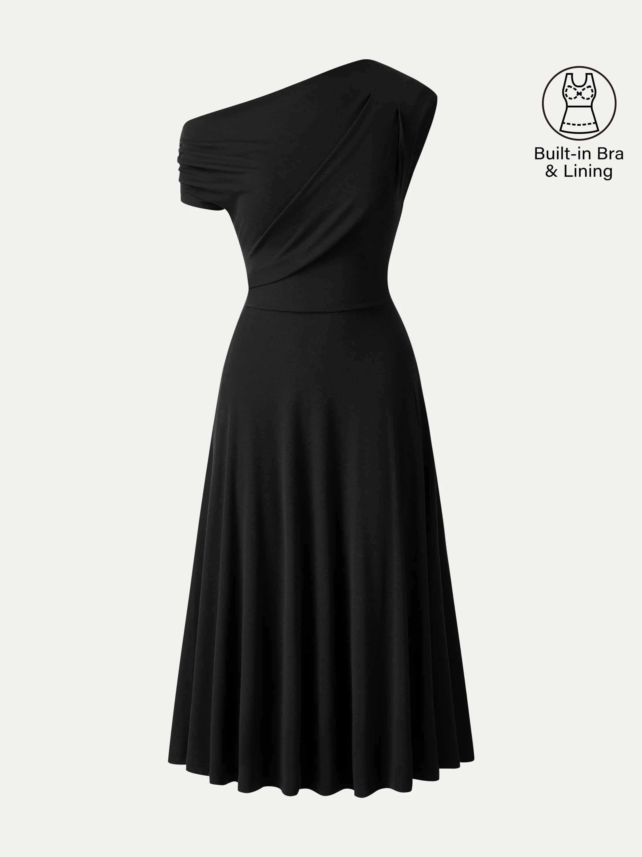 Asymmetrical Shoulder Tucked Midi Bra Dress with Pockets - Image 9