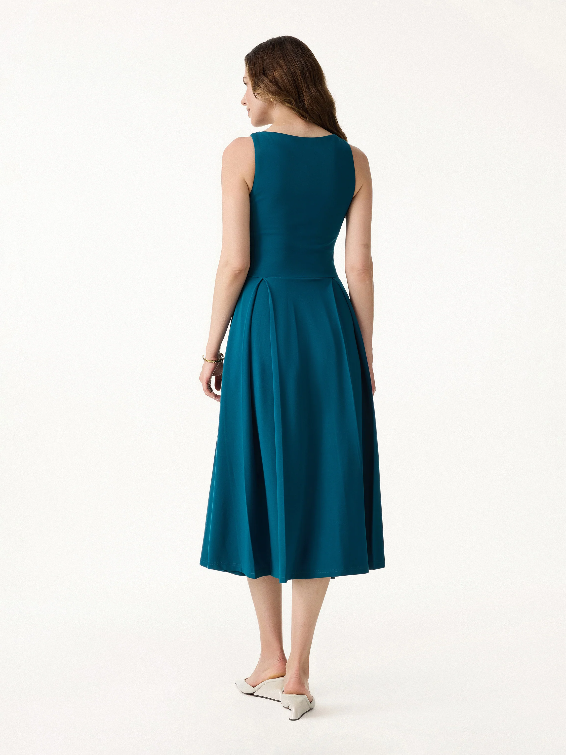 Boatneck Pleated Fit-and-Flare Midi Bra Dress with Pockets - Image 4