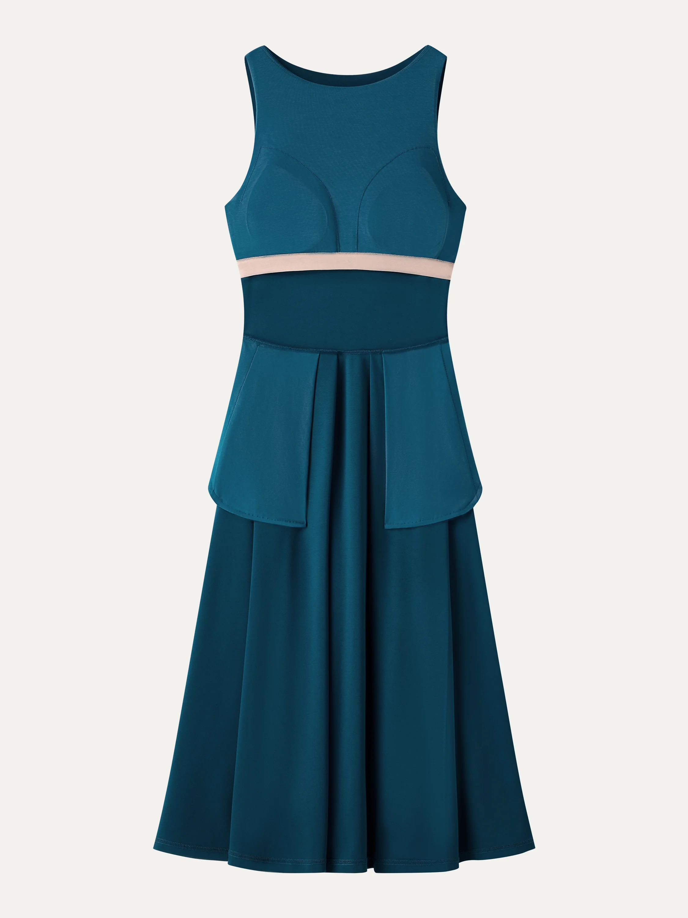 Boatneck Pleated Fit-and-Flare Midi Bra Dress with Pockets - Image 7
