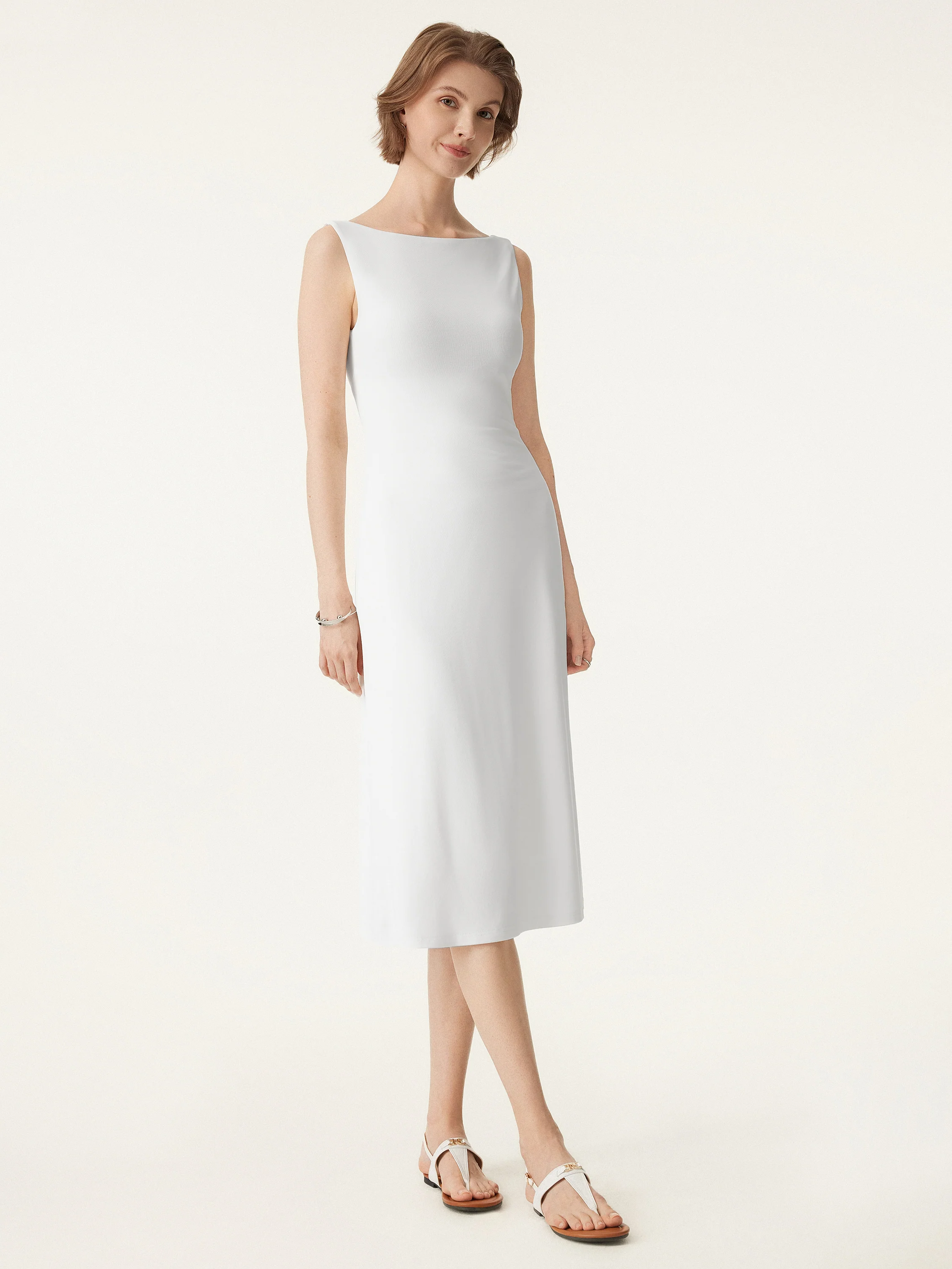 Classy Boatneck Open Back Bandless Midi Bra Dress - Image 3