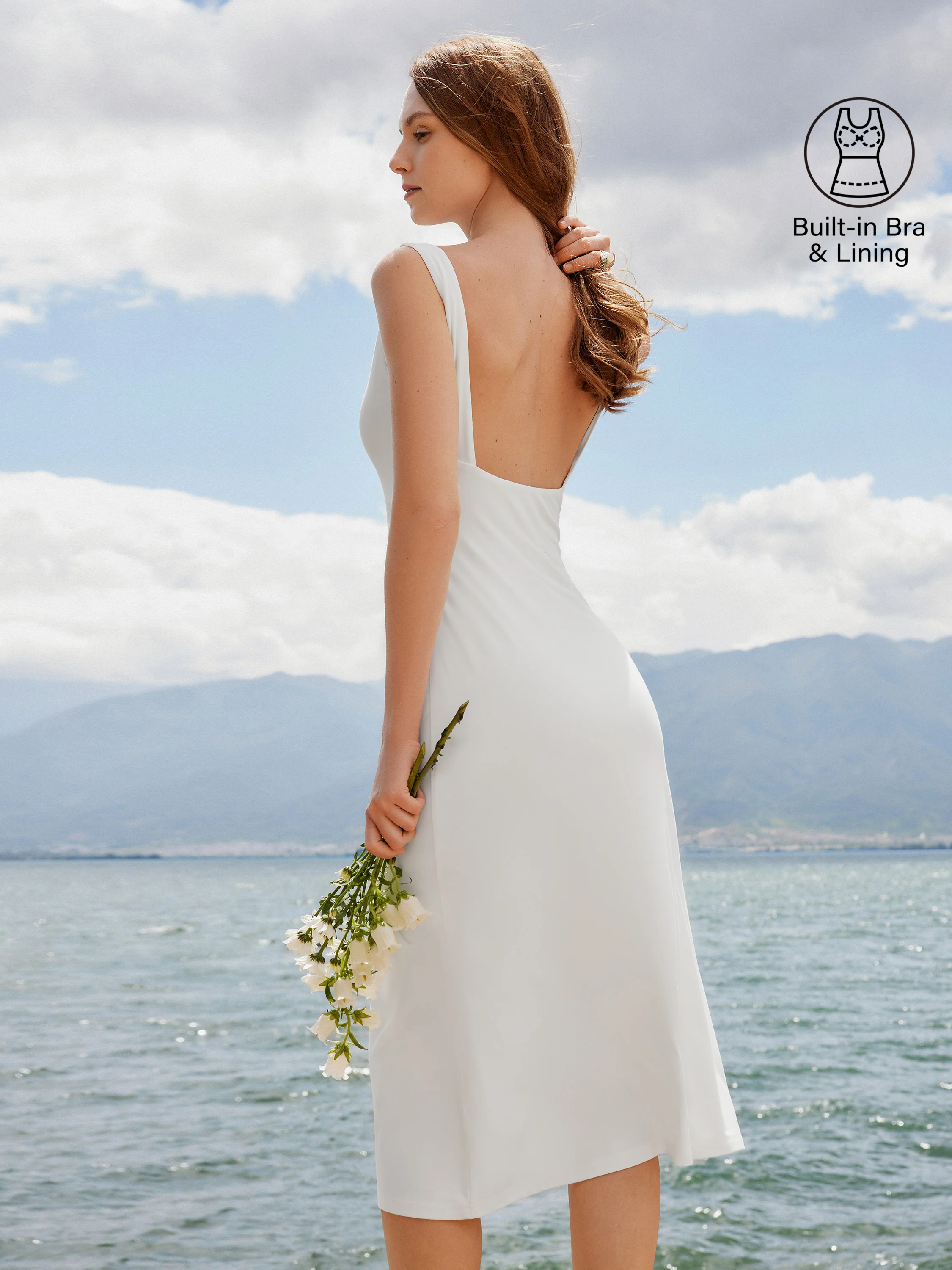 Classy Boatneck Open Back Bandless Midi Bra Dress - Image 4