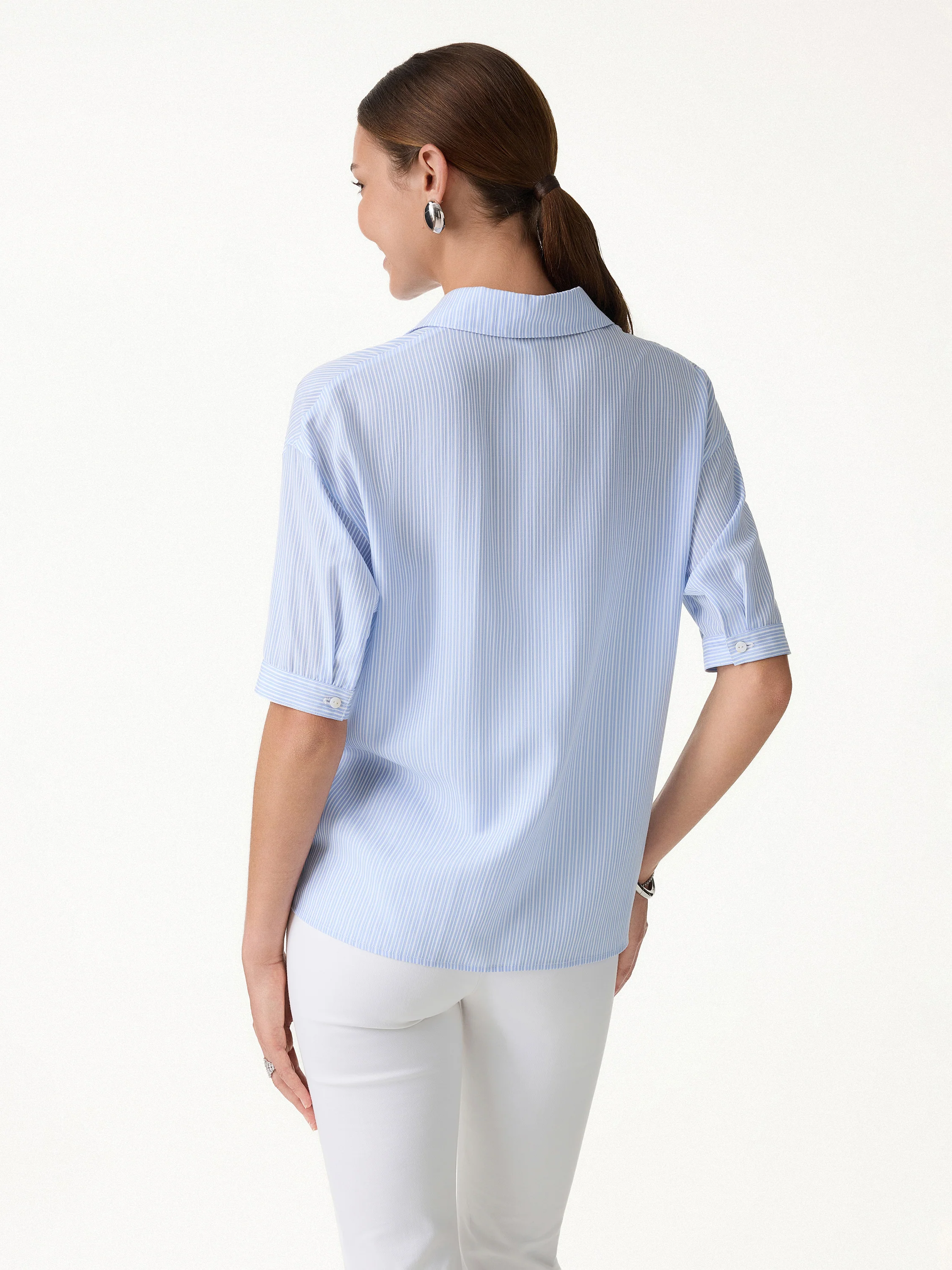Collared Elbow Sleeve Poplin Shirt - Image 4