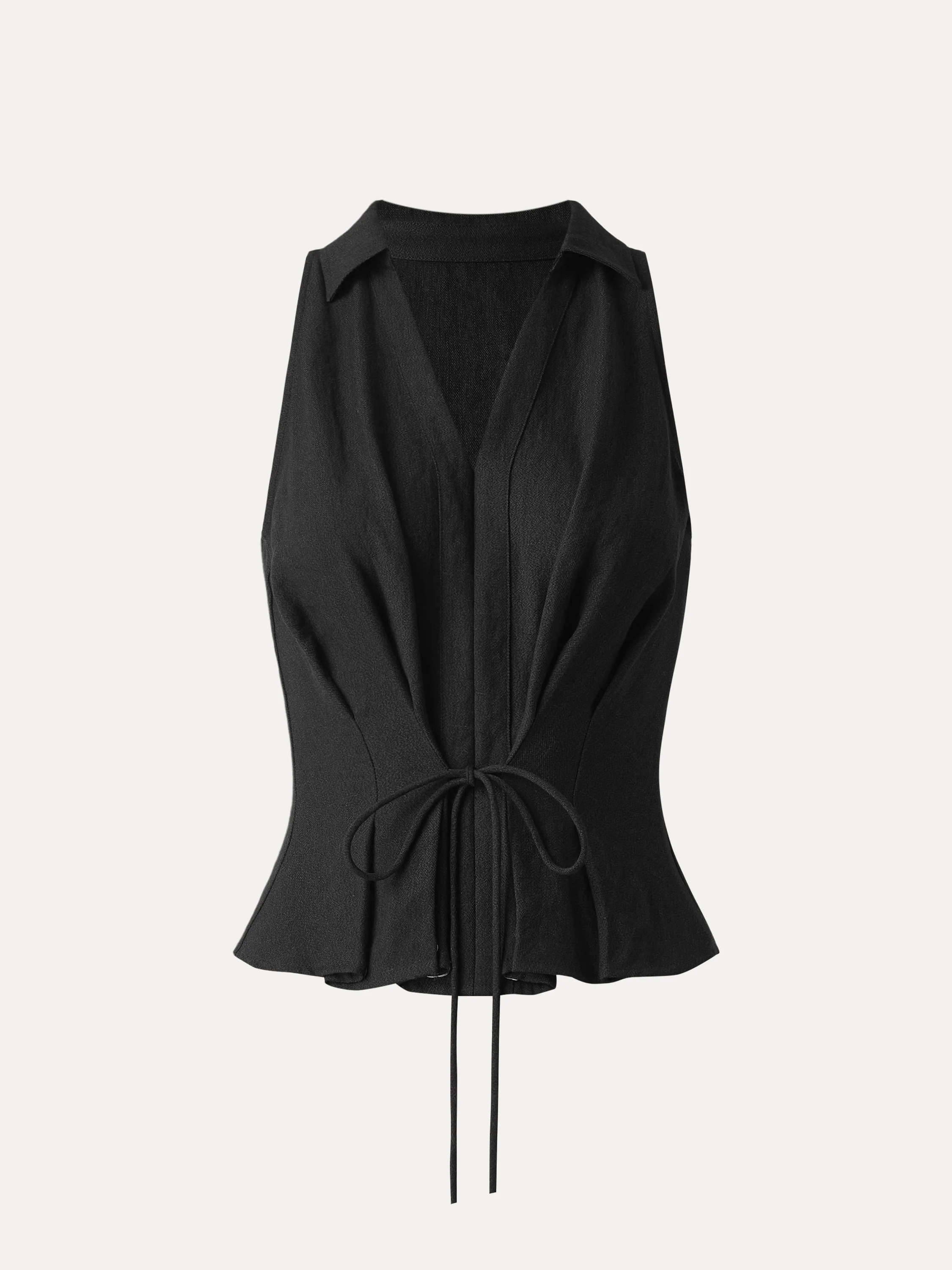 Collared V-neck Pleated Sleeveless Top with Drawstring - Image 10