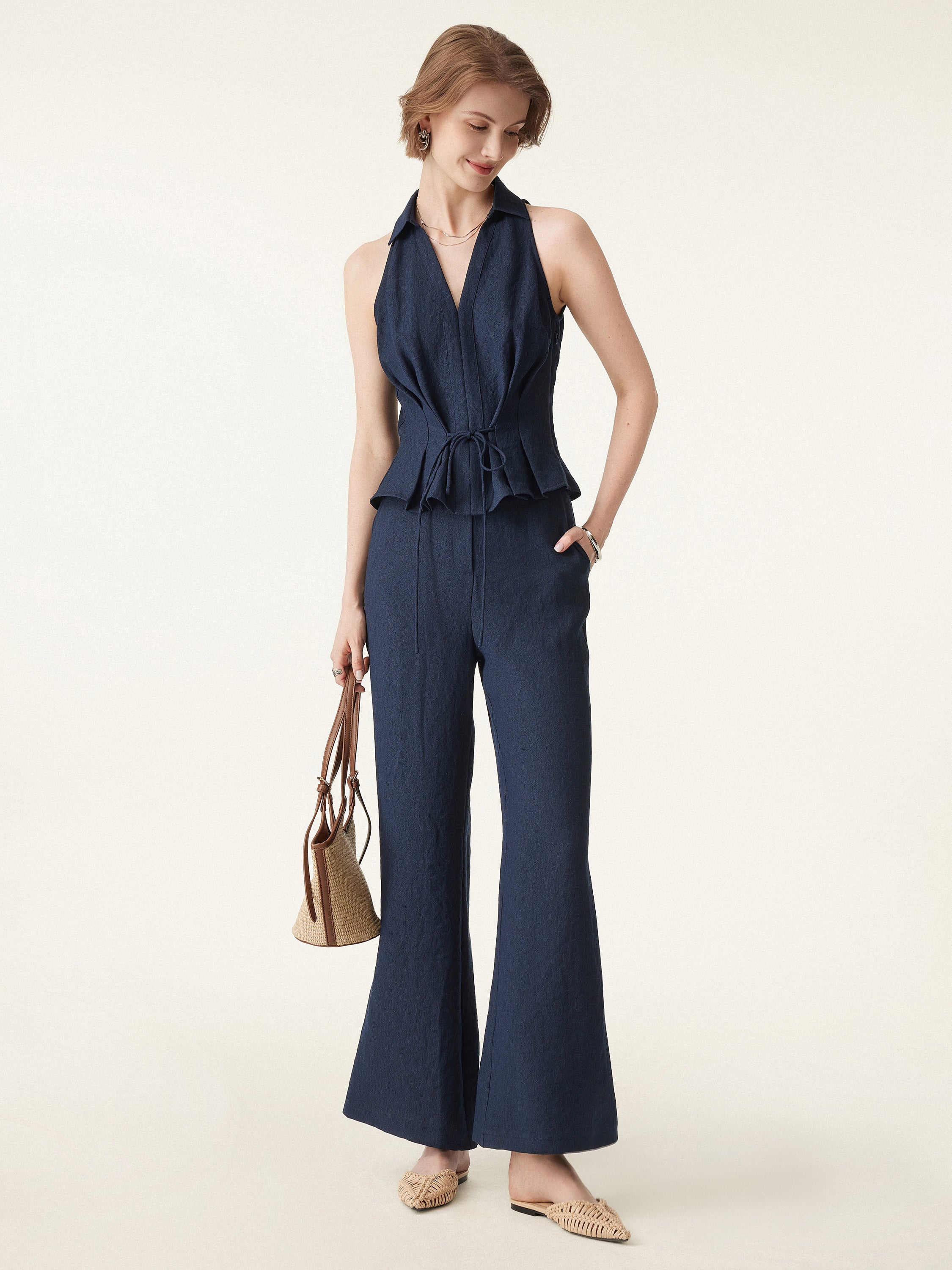 Collared V-neck Pleated Sleeveless Top with Drawstring - Image 2