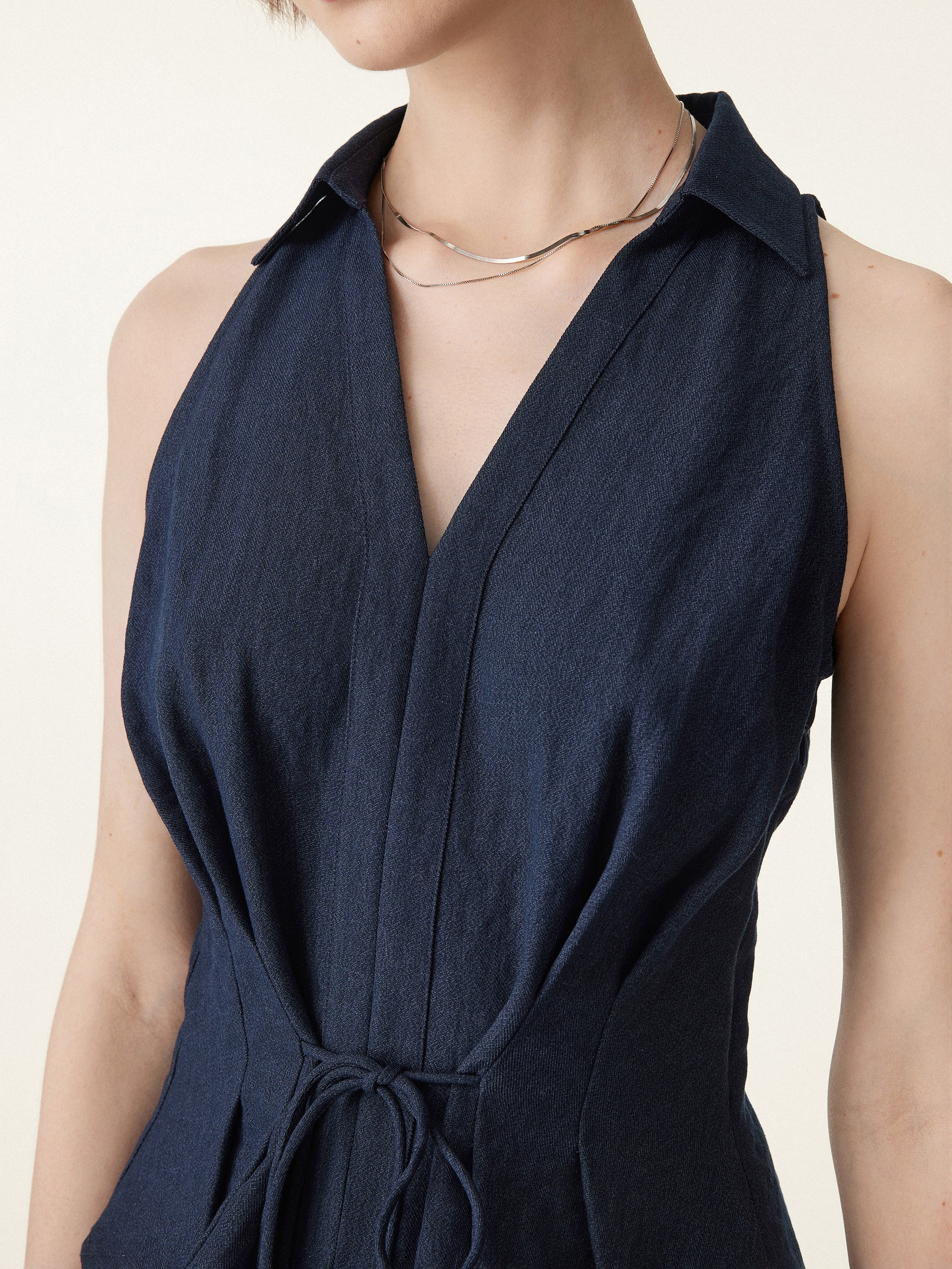 Collared V-neck Pleated Sleeveless Top with Drawstring - Image 5