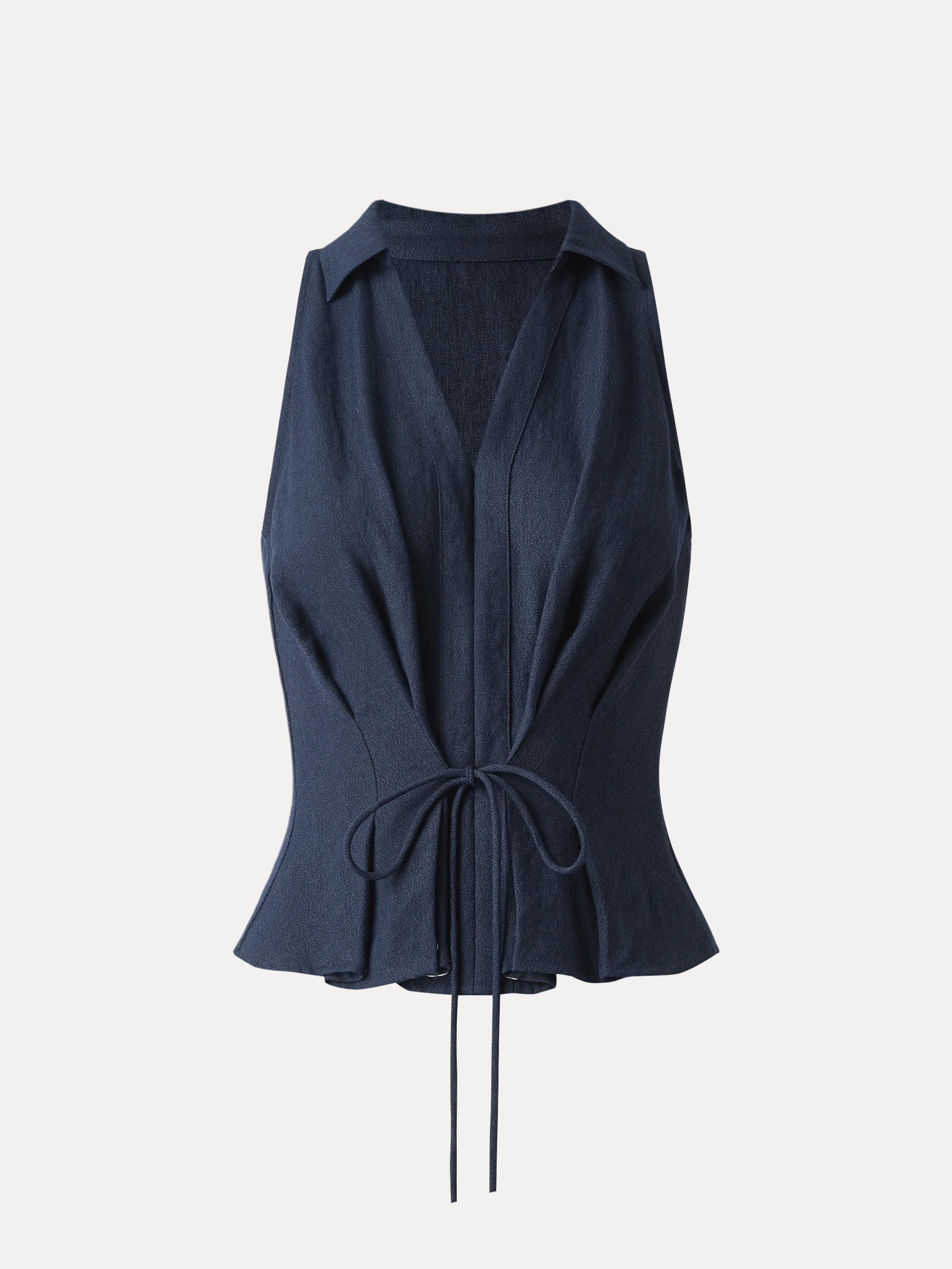 Collared V-neck Pleated Sleeveless Top with Drawstring - Image 6