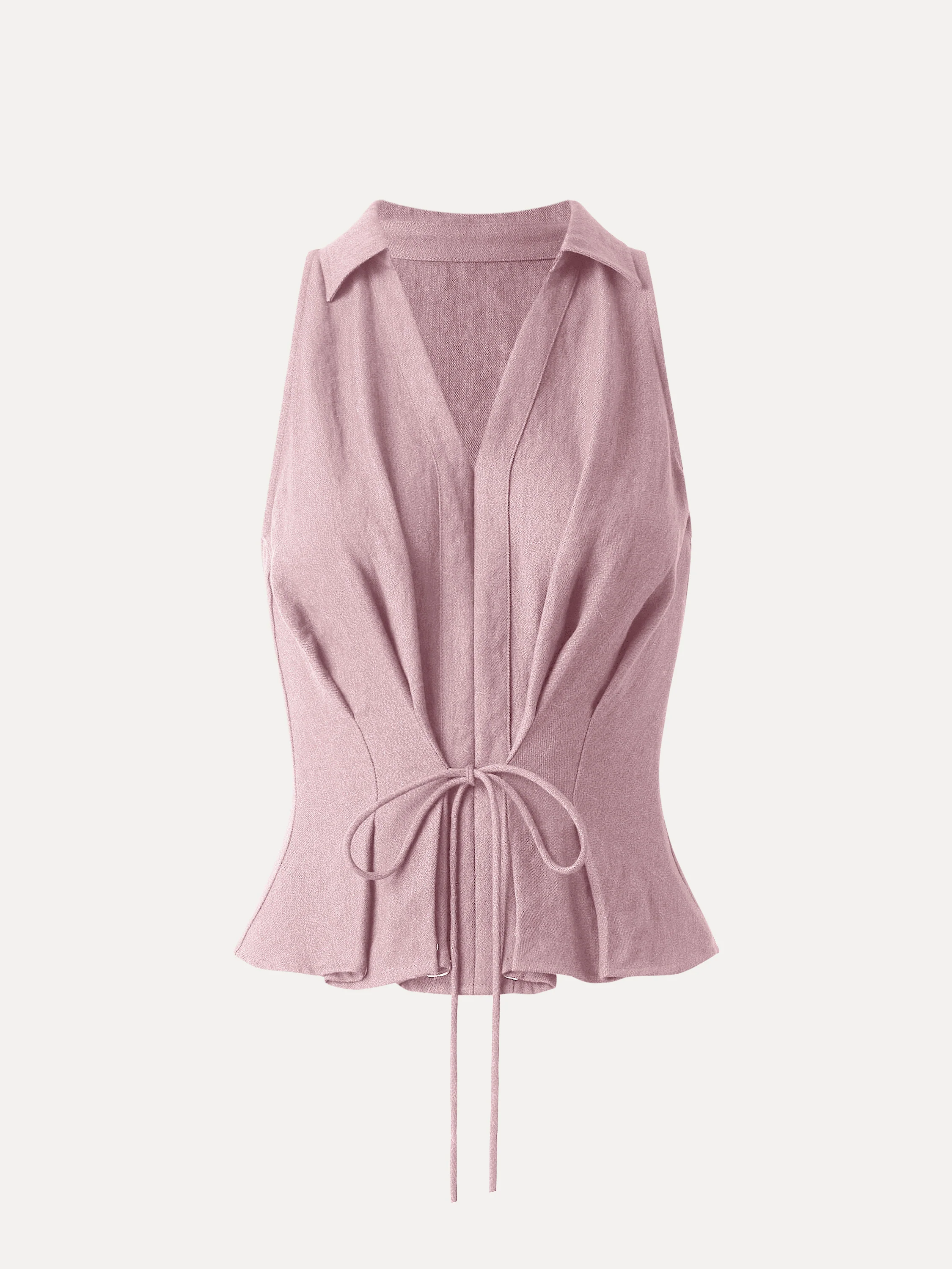 Collared V-neck Pleated Sleeveless Top with Drawstring - Image 8