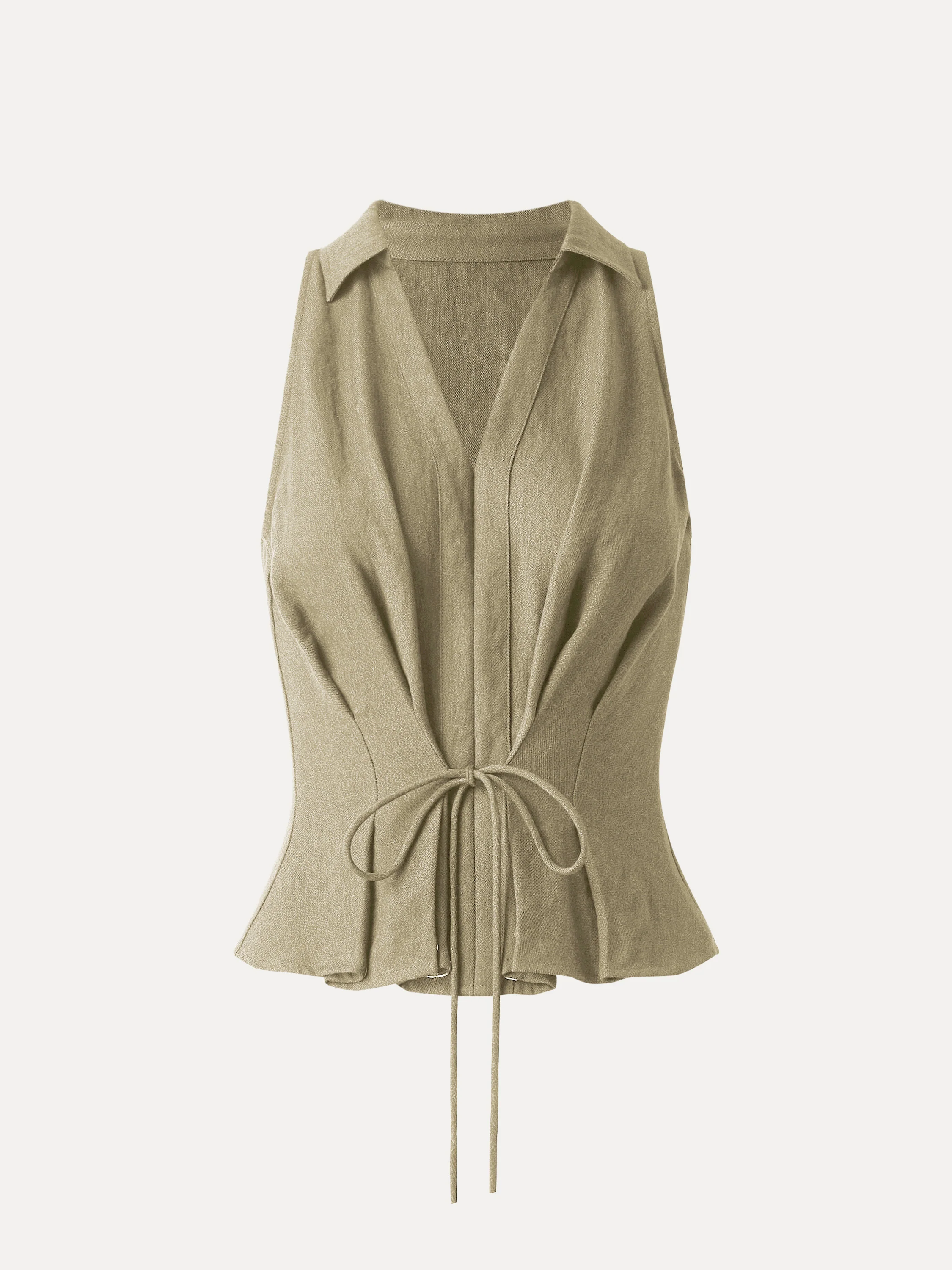 Collared V-neck Pleated Sleeveless Top with Drawstring - Image 9