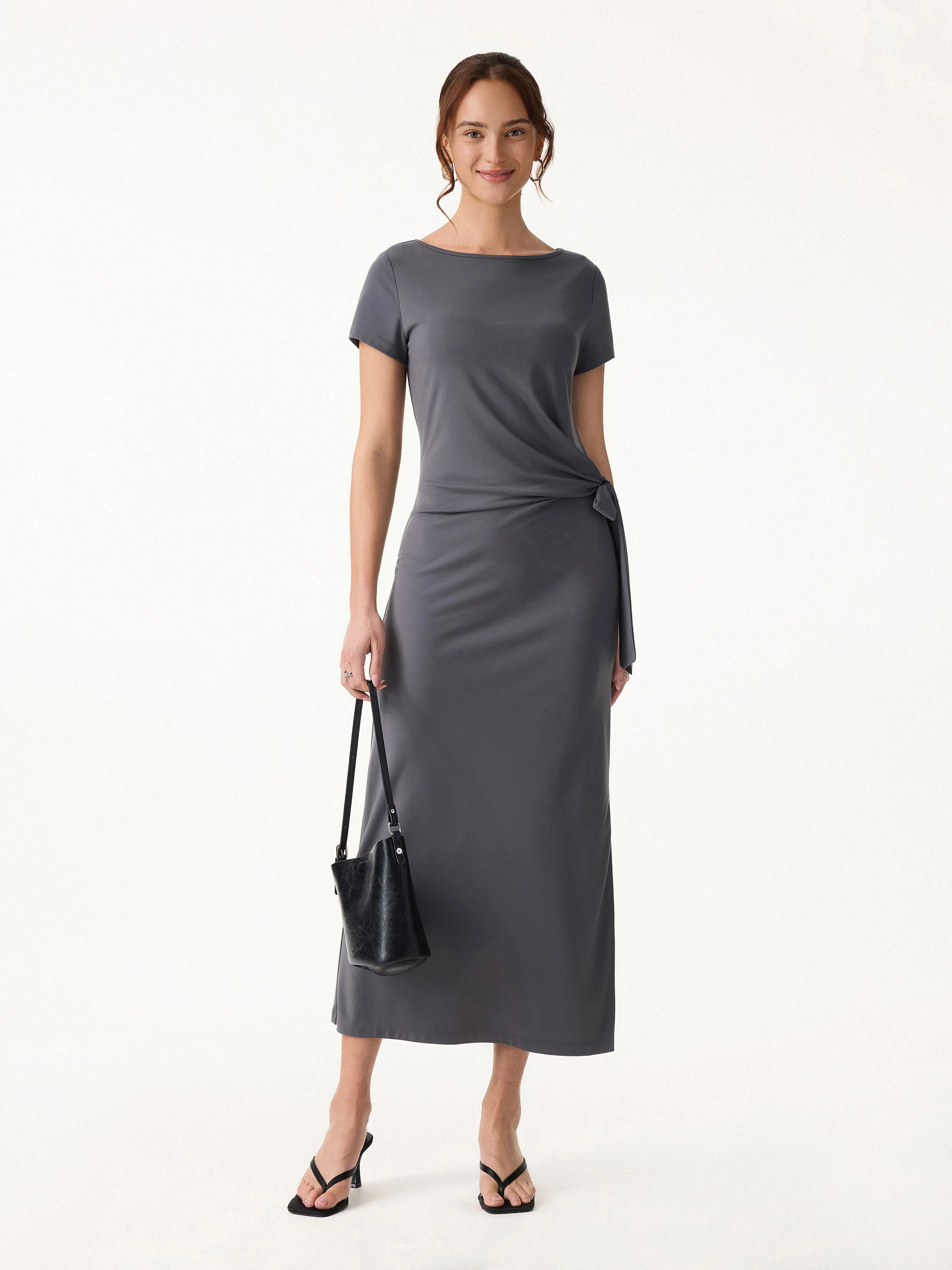 Cooling Wrinkle-Resistant Side Waist Tie Midi Dress with Slit - Image 2
