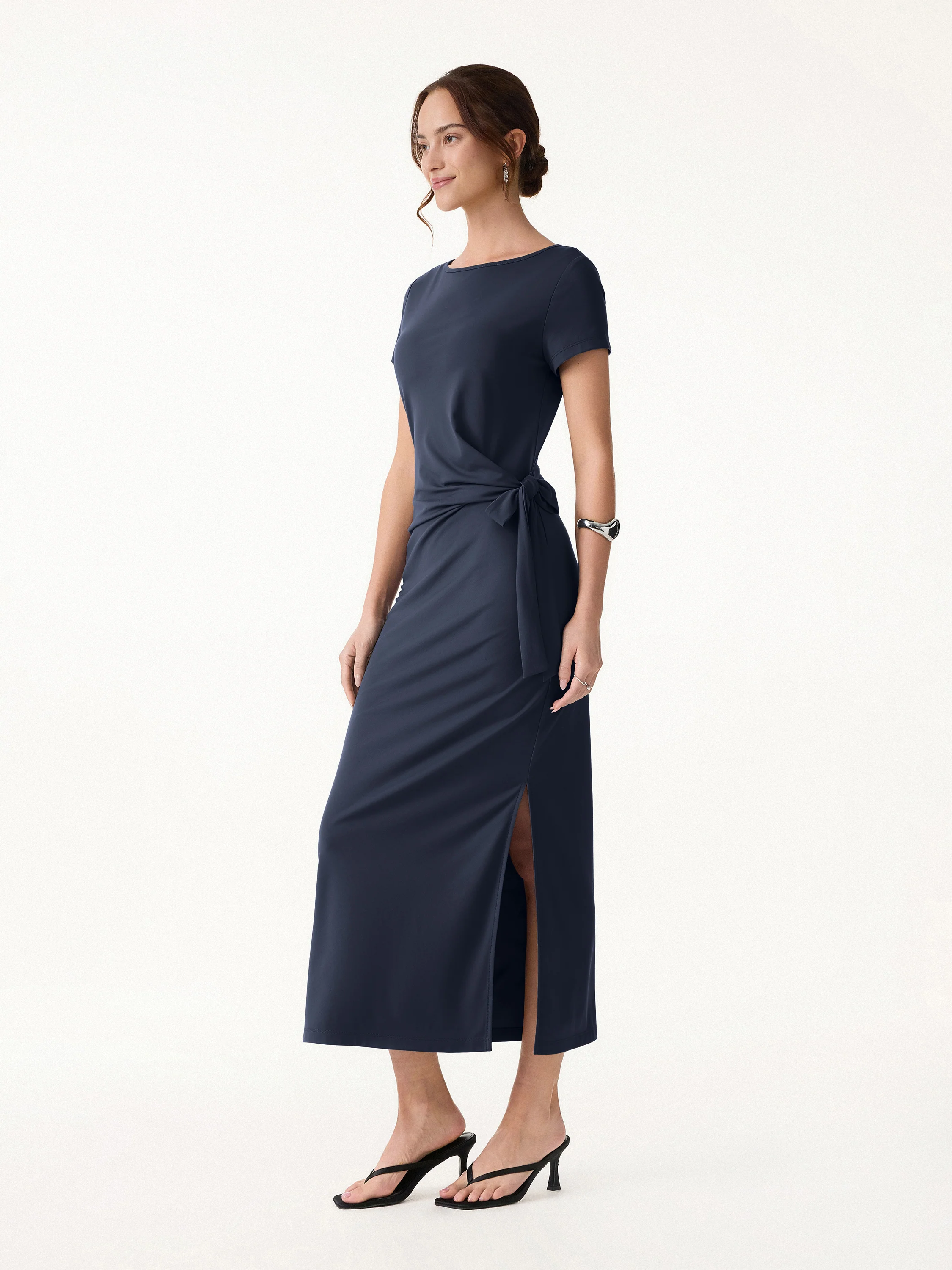 Cooling Wrinkle-Resistant Side Waist Tie Midi Dress with Slit - Image 8