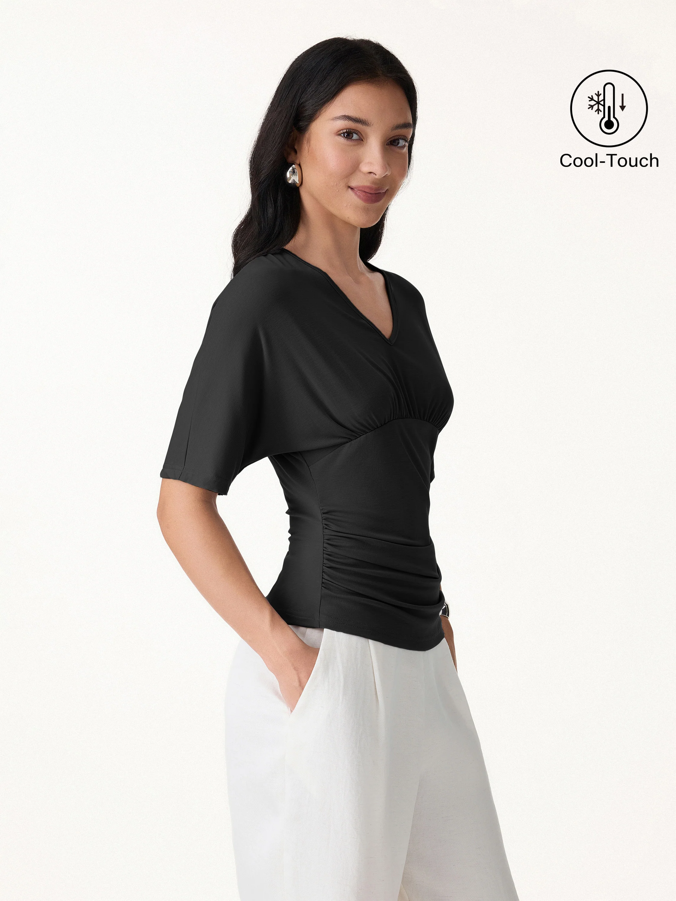 CoolTouch V-Neck Ruched Short Sleeve Summer Tee