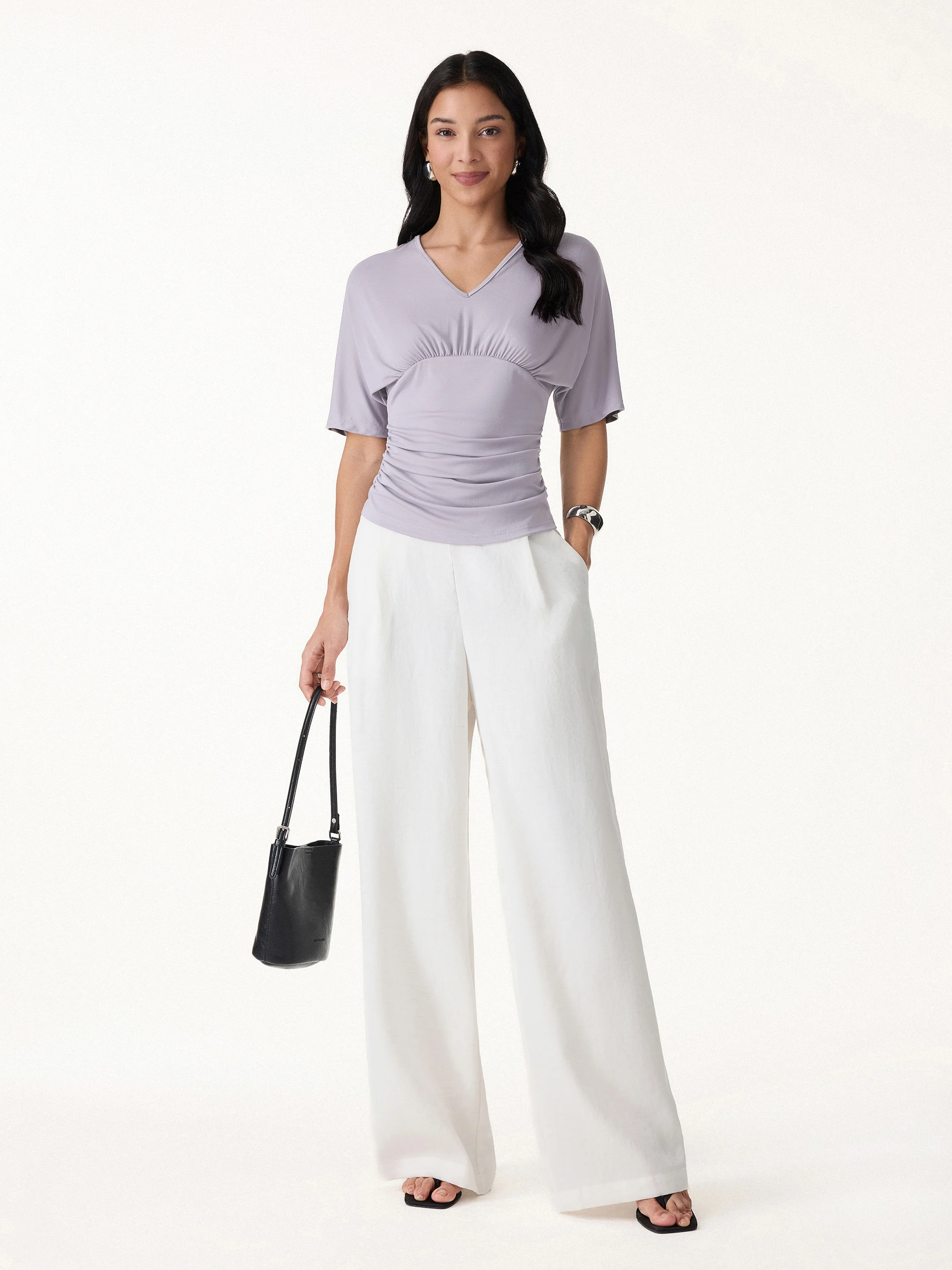 CoolTouch V-Neck Ruched Short Sleeve Summer Tee - Image 2