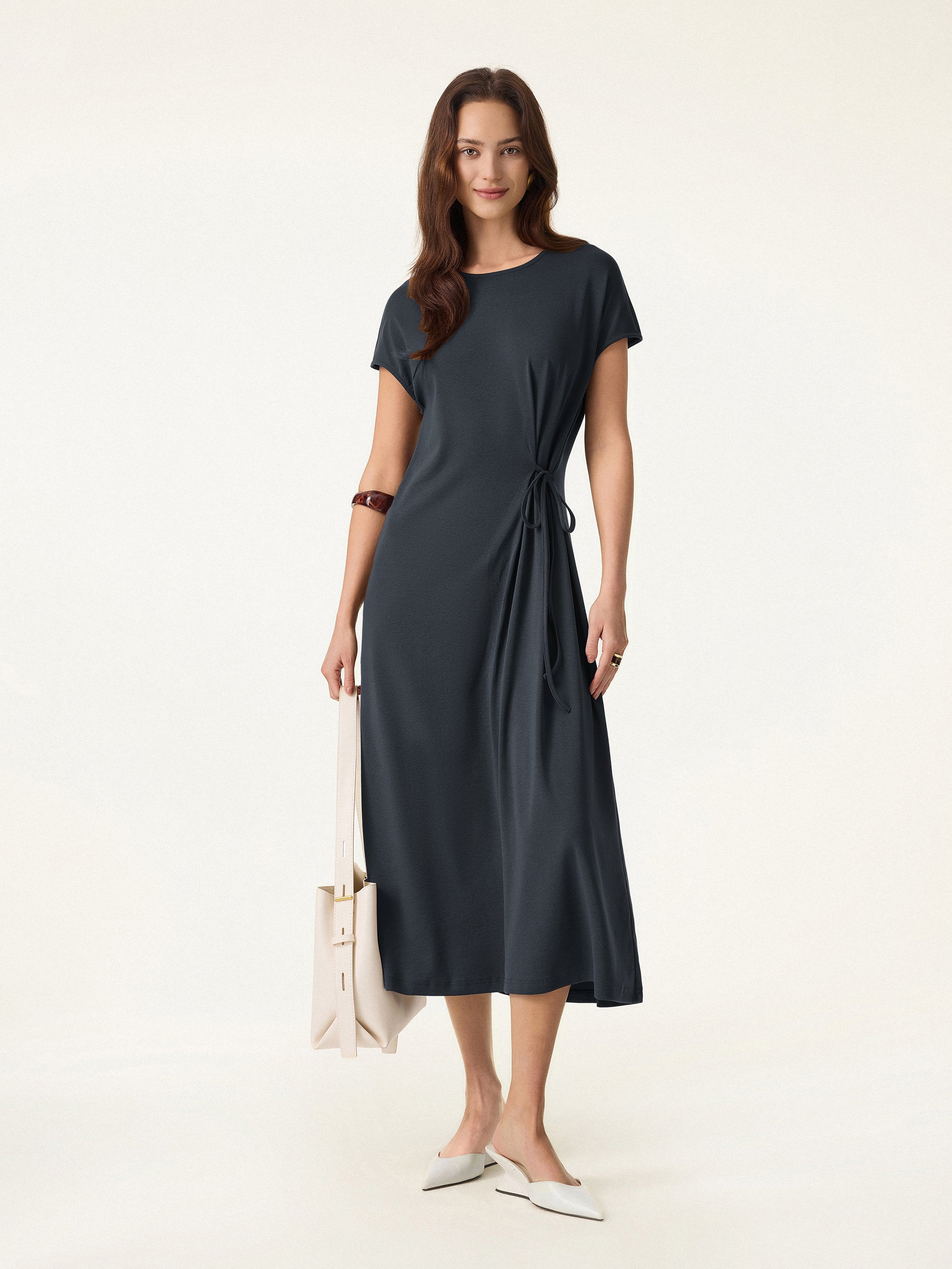 Cotton Lyocell Easy Airy Midi Dress with Self-Tie - Image 8