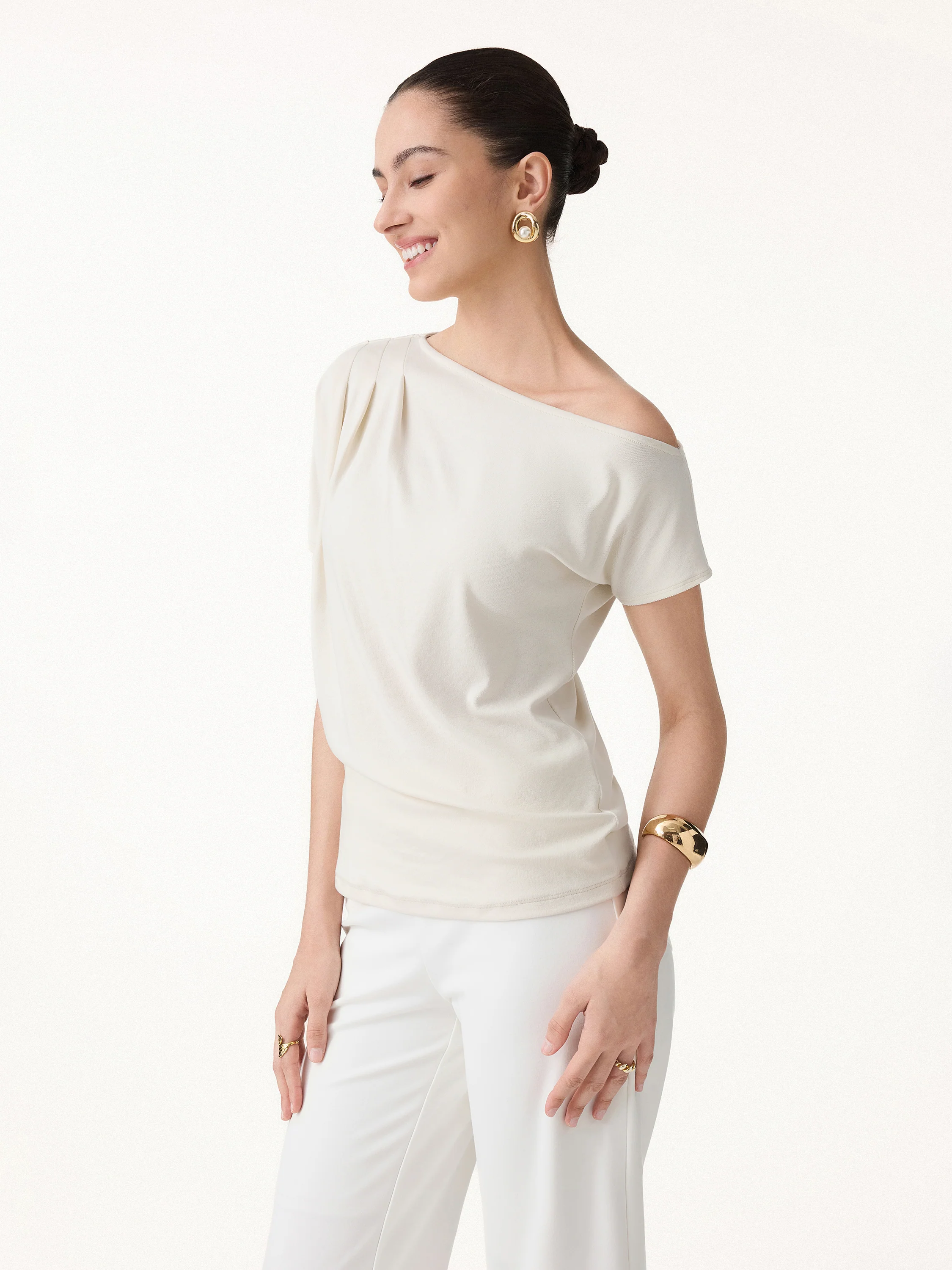 Cotton-Lyocell Effortless Asymmetrical Tucked Tee - Image 3