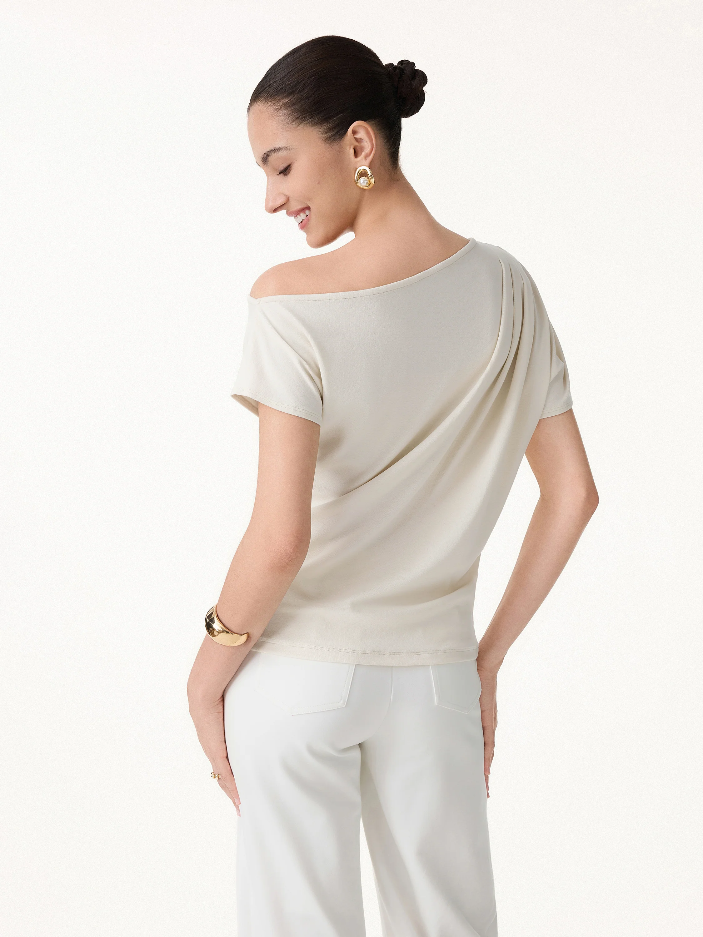 Cotton-Lyocell Effortless Asymmetrical Tucked Tee - Image 4