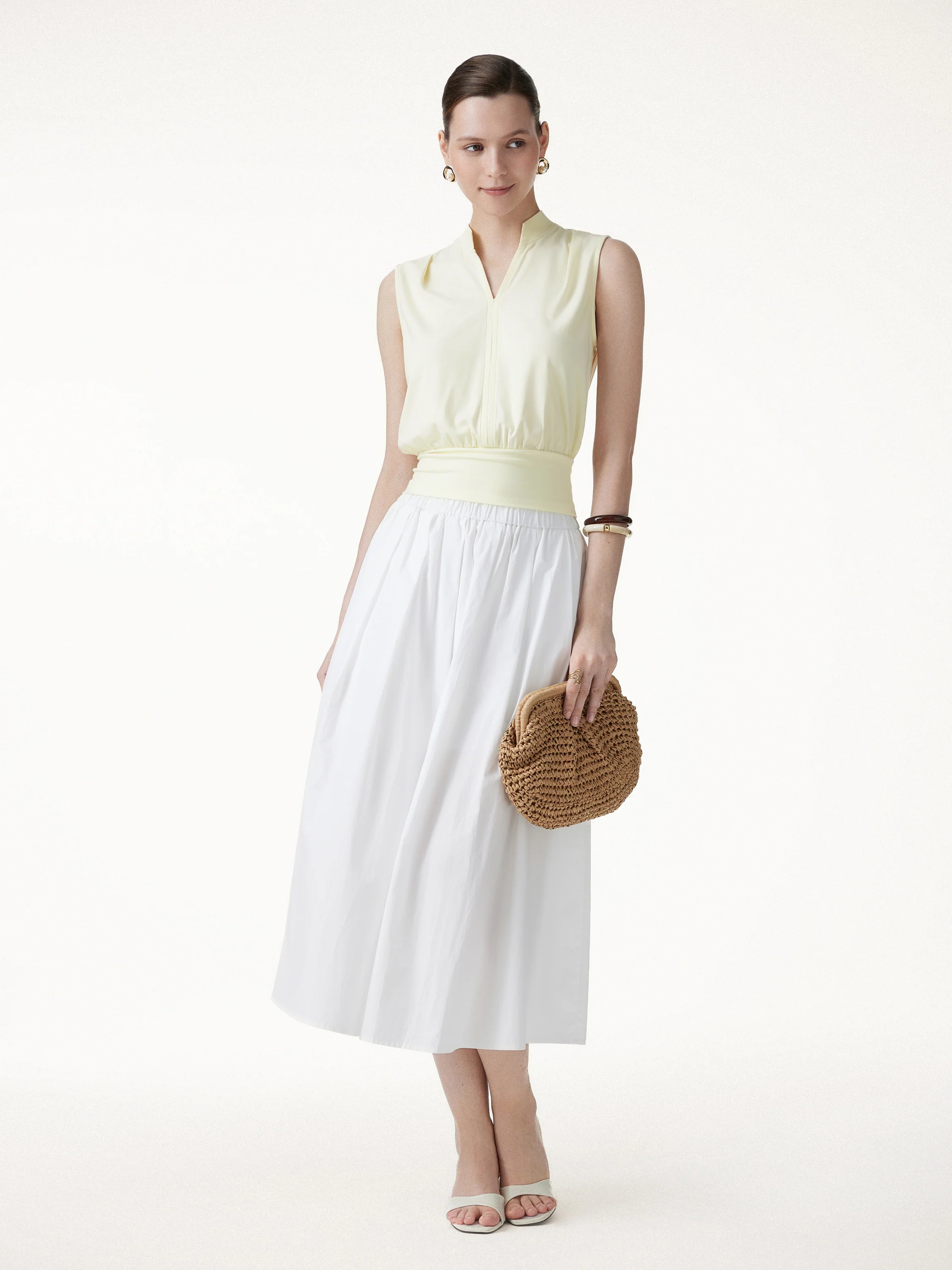 Cotton-Viscose V-neck Stand Collar Sleeveless Top - Image 2