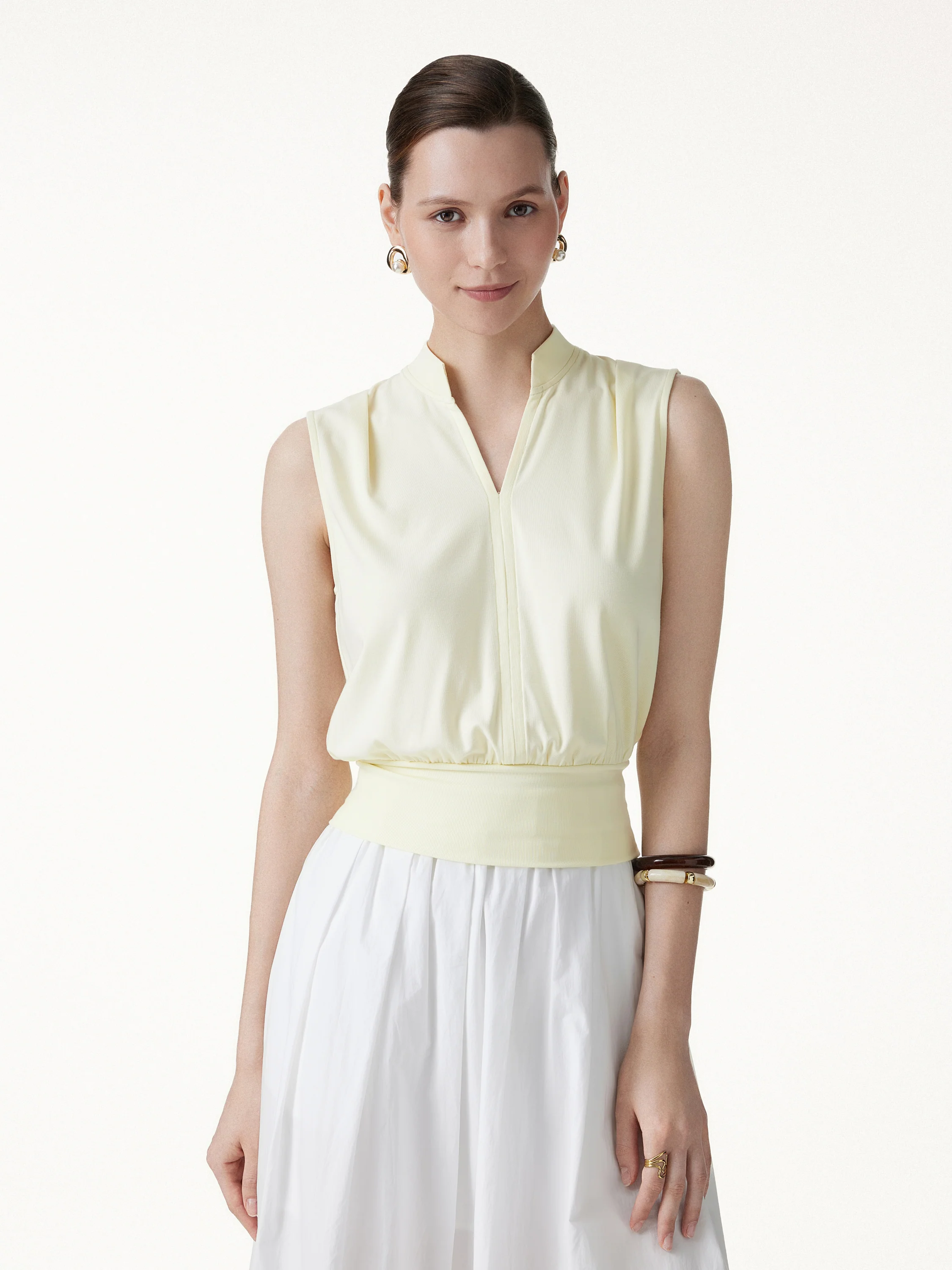 Cotton-Viscose V-neck Stand Collar Sleeveless Top - Image 3