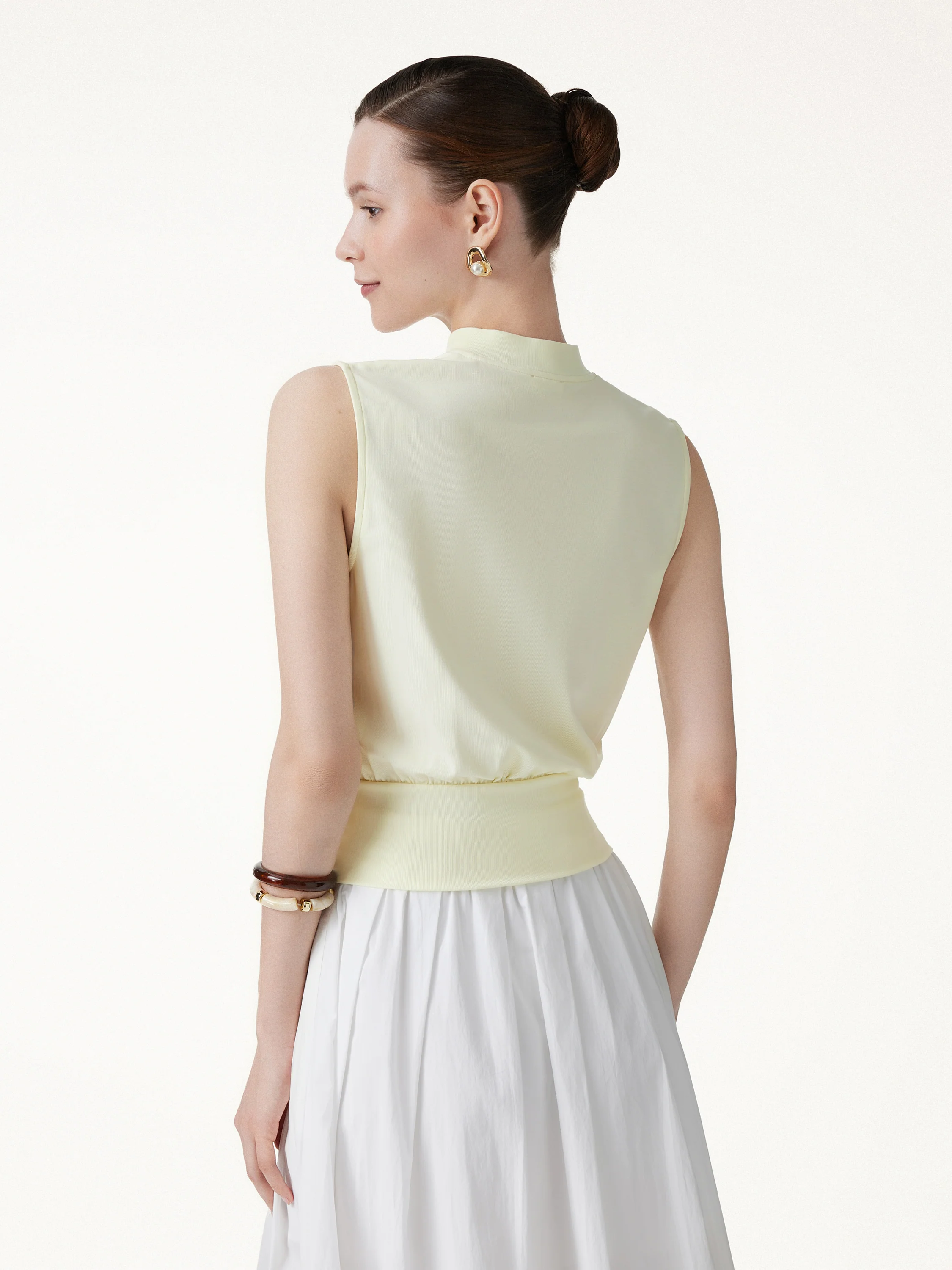 Cotton-Viscose V-neck Stand Collar Sleeveless Top - Image 4