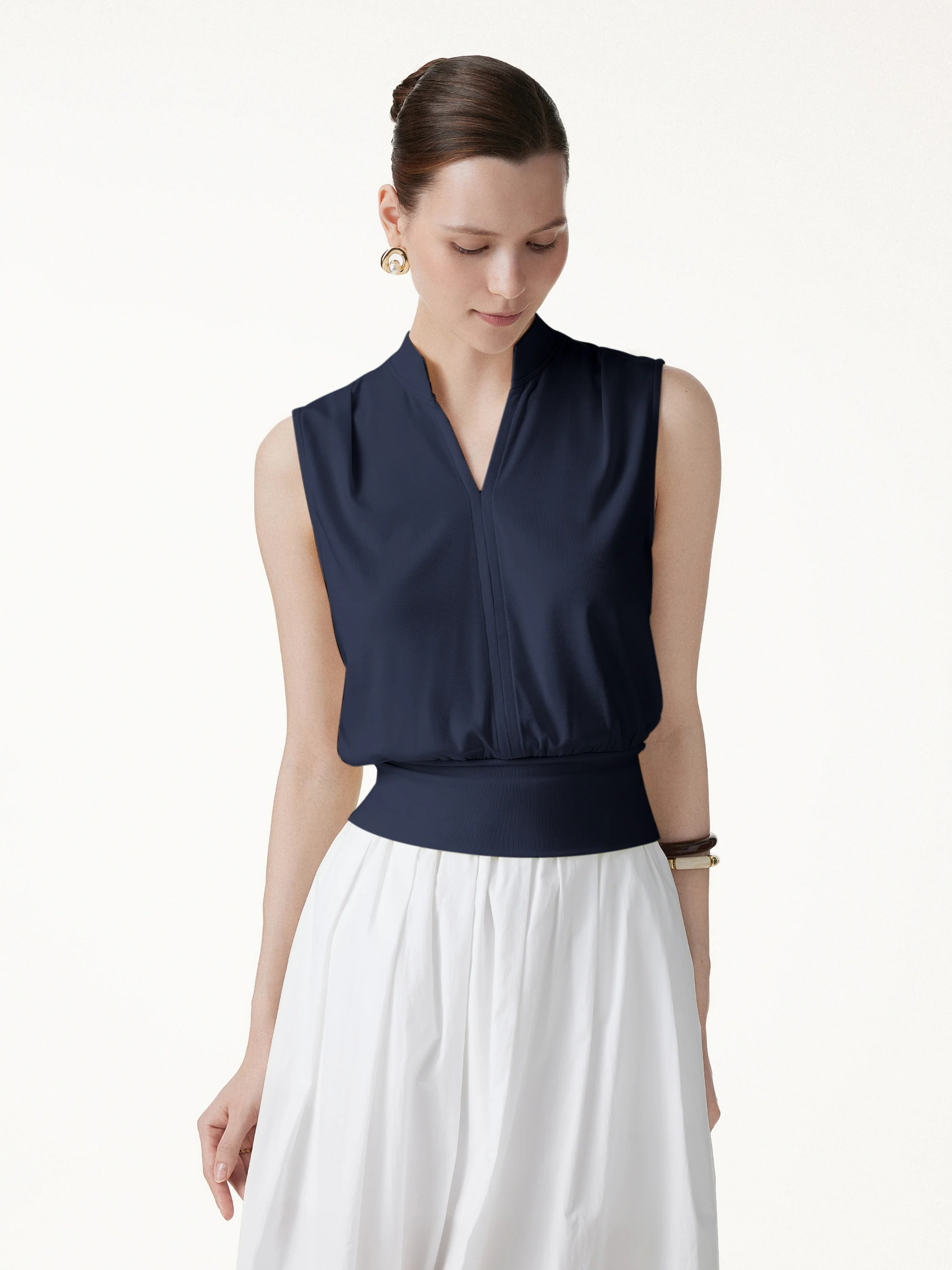 Cotton-Viscose V-neck Stand Collar Sleeveless Top - Image 7