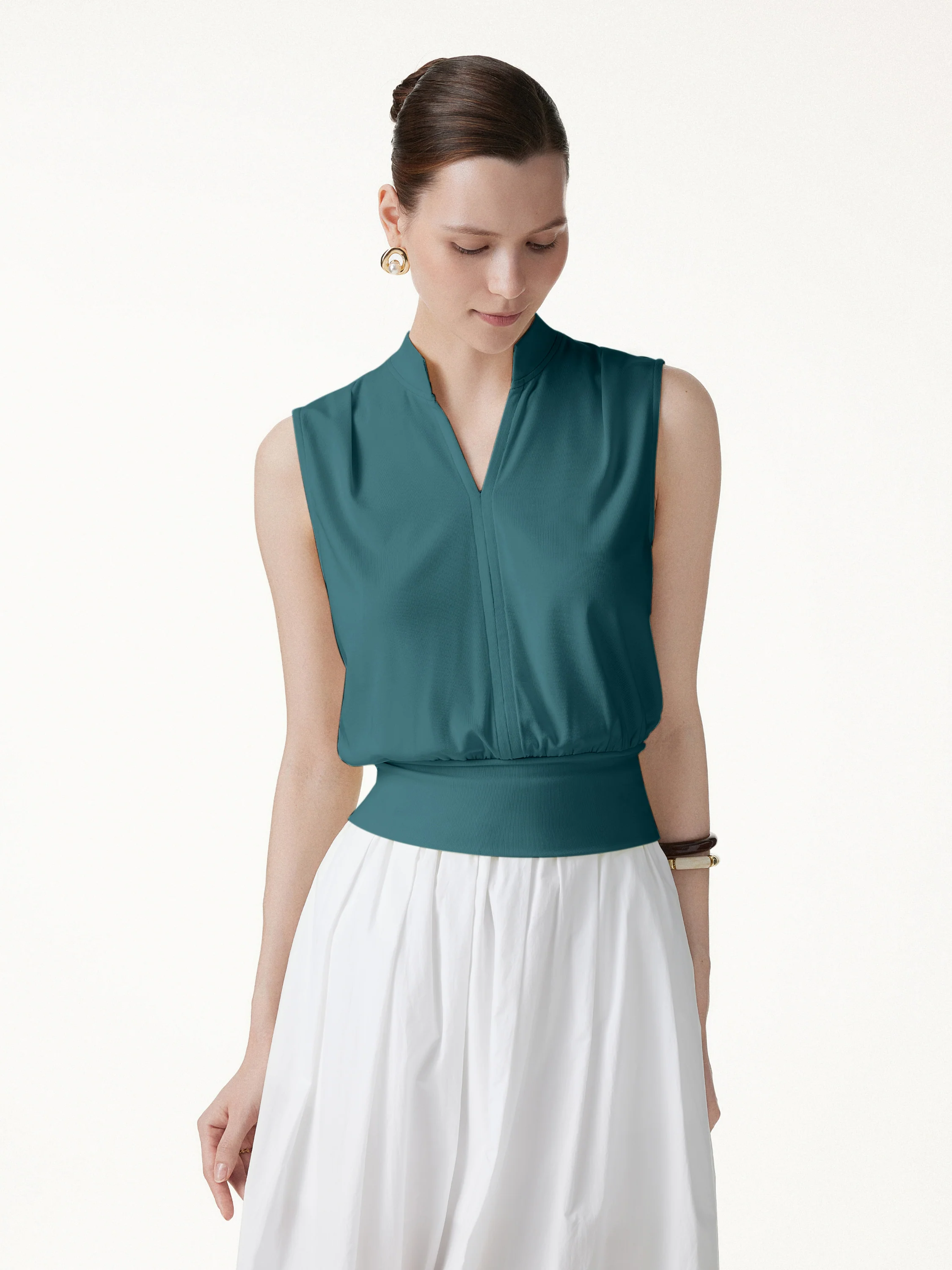 Cotton-Viscose V-neck Stand Collar Sleeveless Top - Image 9