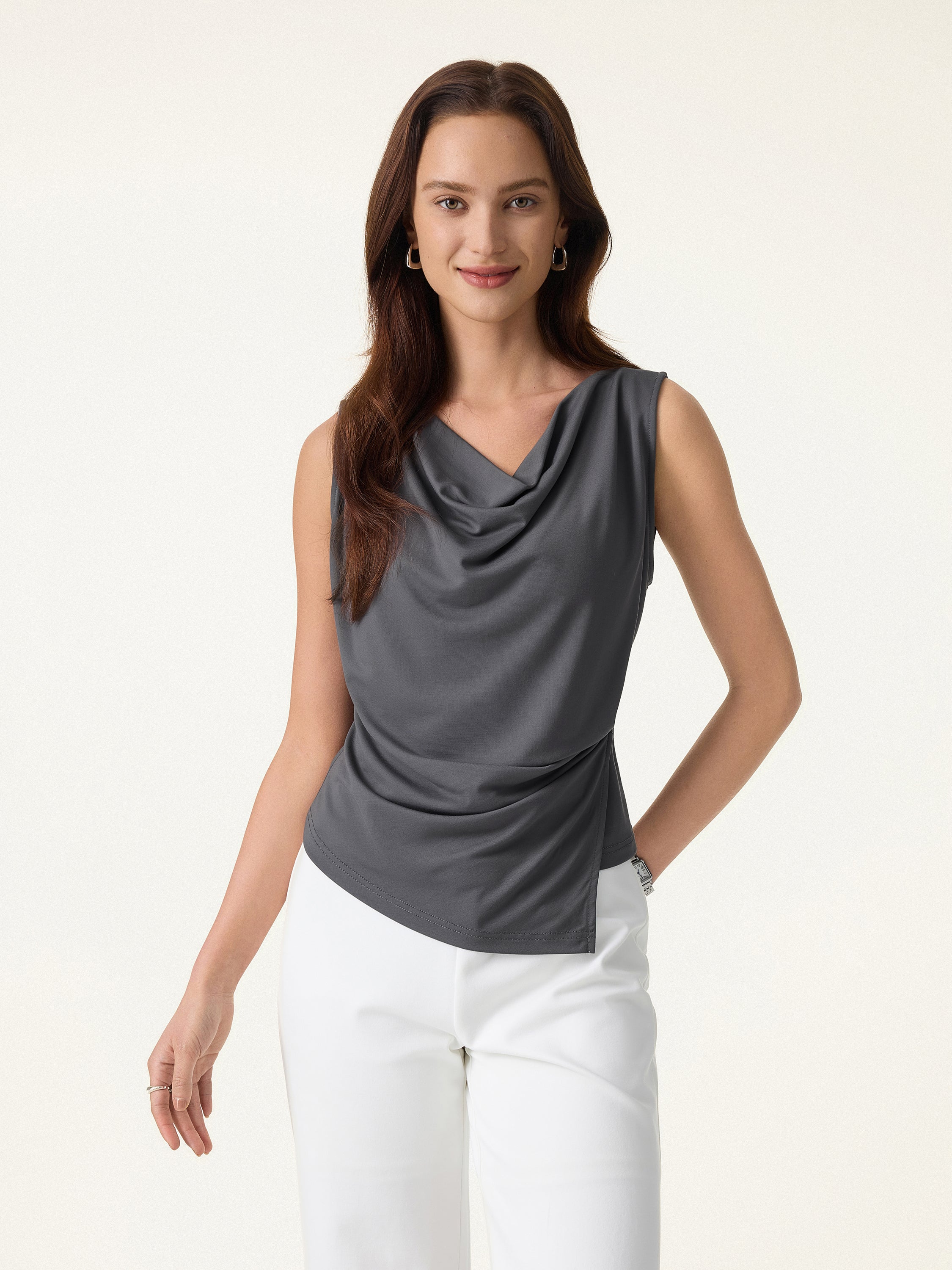 Cowl Neck Asymmetrical Tucked Sleeveless Top - Image 3